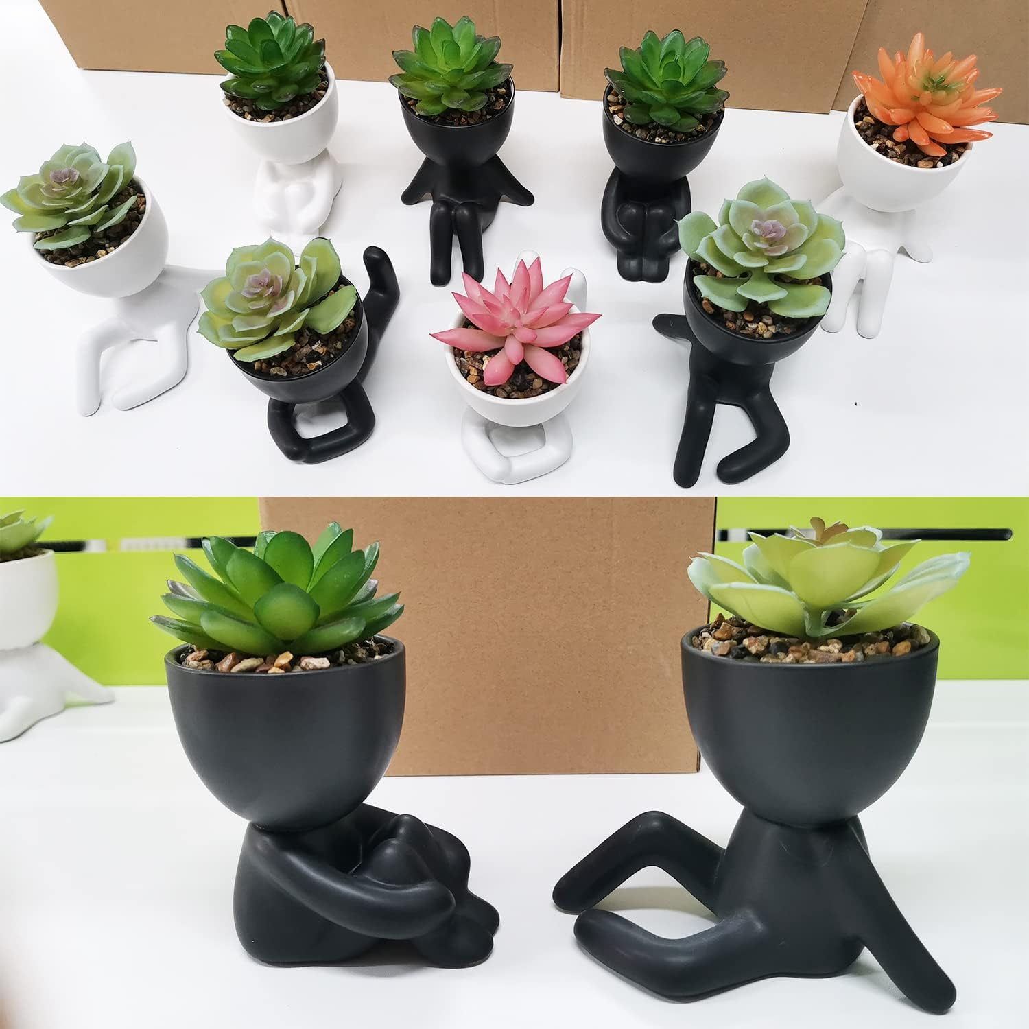Paifeancodill Fake Plants Pot with Succulent Plants, 2 Pcs Fake Succulent with Black Human Shaped Ceramic Pots, Ceramic Flower Pot Planter (Black A)