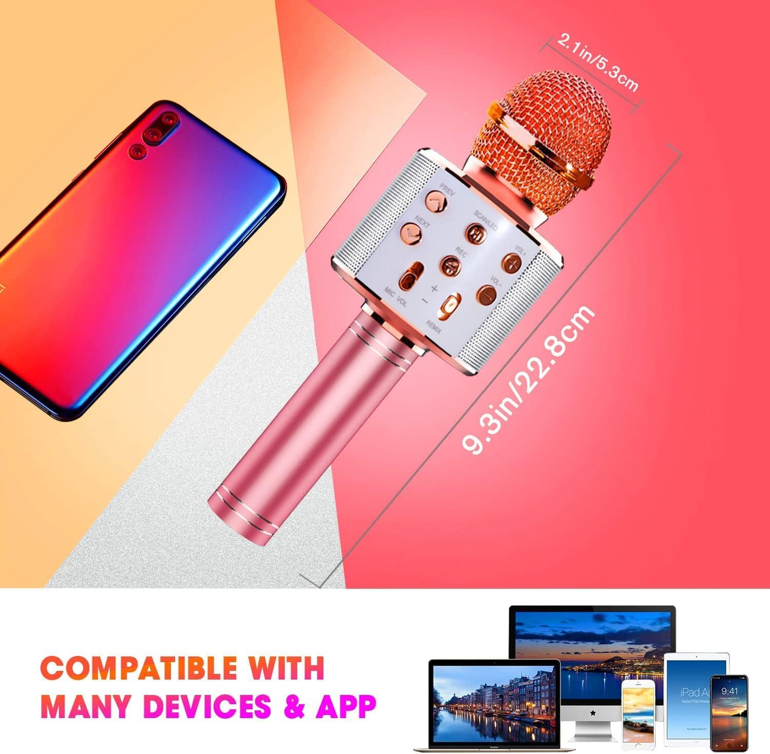 Wireless Karaoke Microphone, 5 in 1 Portable Handheld Bluetooth Microphone for Kids Adults with LED Lights, Professional Karaoke Mic Speaker Player Recorder for Phone/Android/Tv (Pink) image number 6