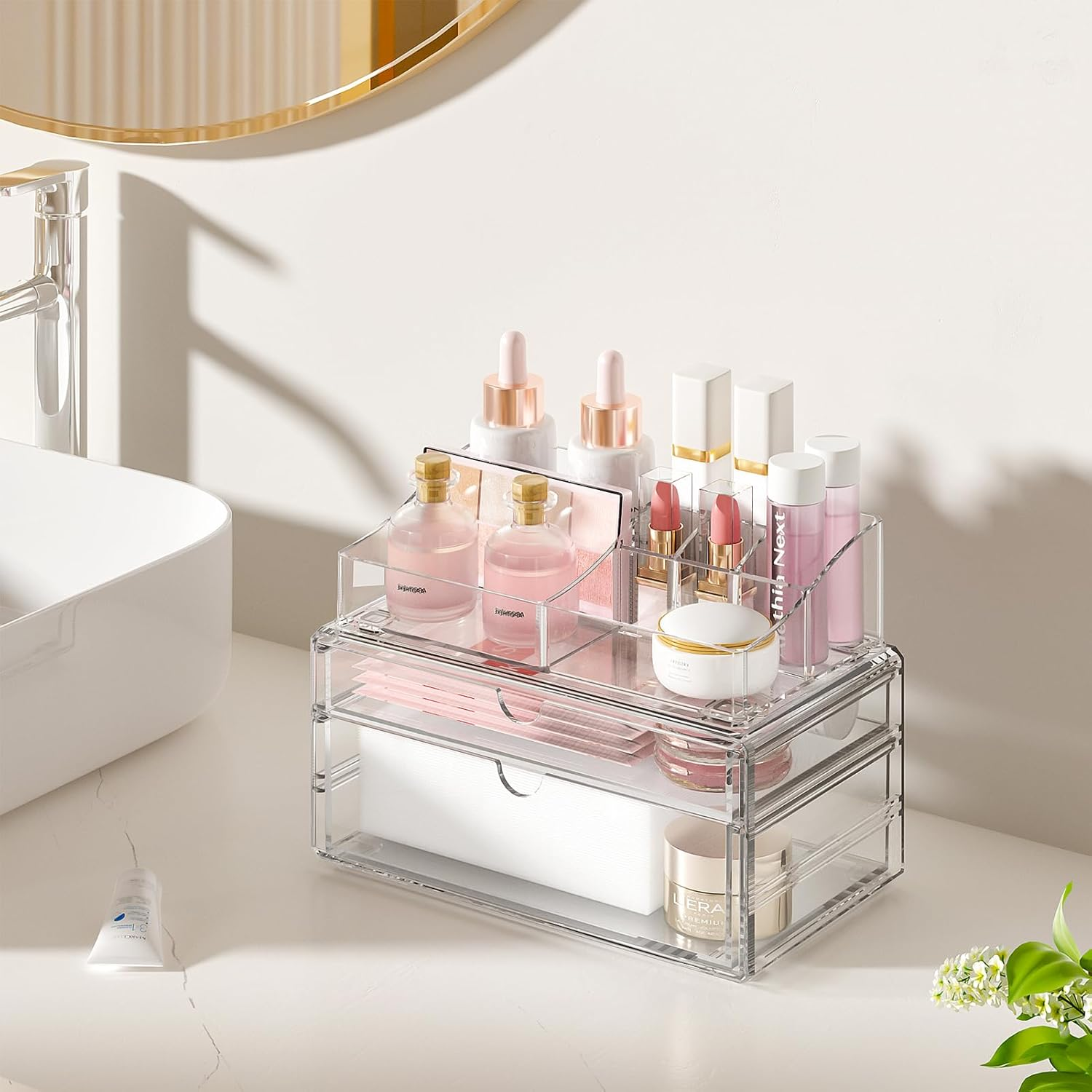 Delamu 3-Tier Clear Makeup Organizer with Drawer, Acrylic Cosmetic Display Case for Makeup Vanity Bathroom Counter Organizers and Storage, Stackable Vanity Organizer for Brushes Lipsticks Skincare image number 3