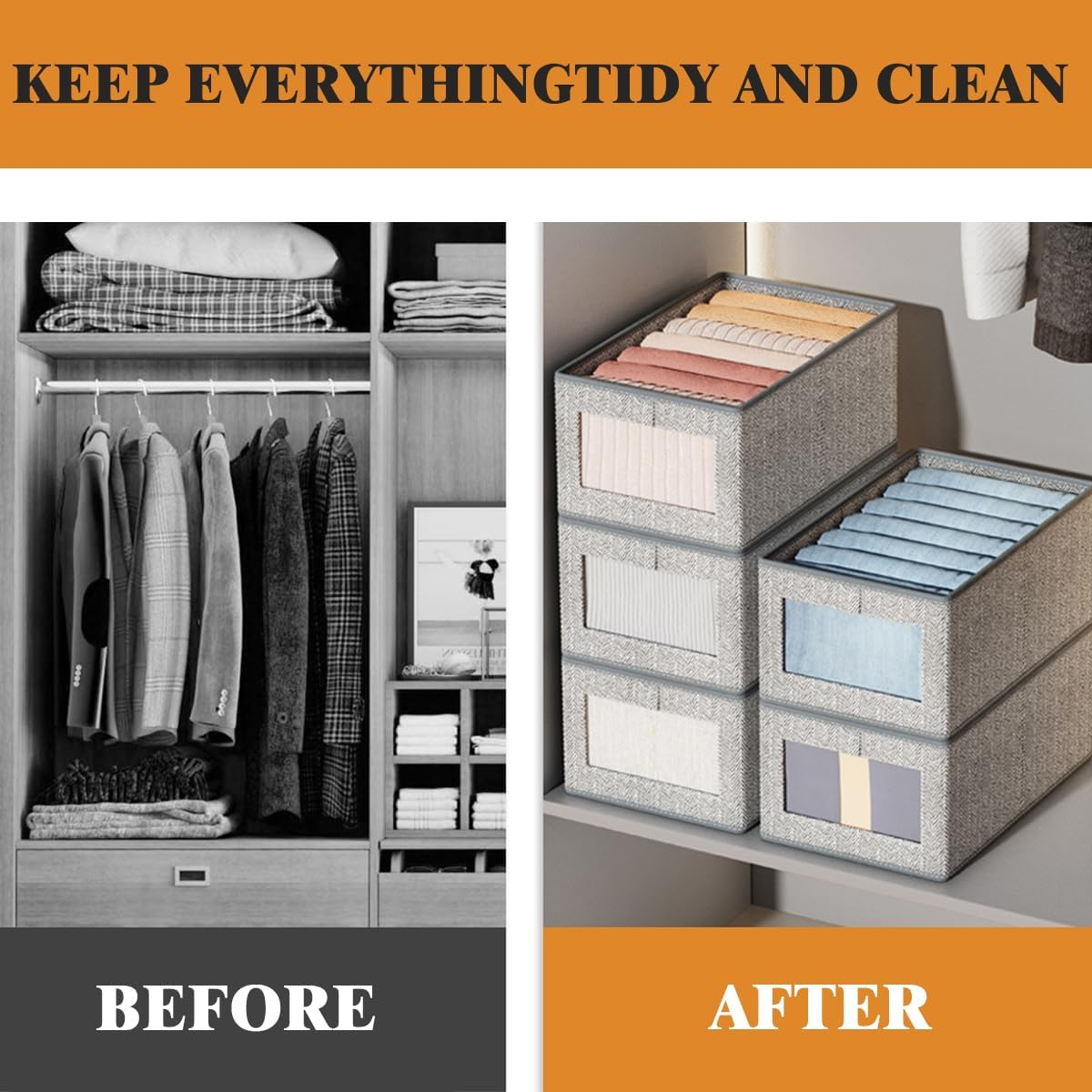 Wardrobe Clothes Organiser,6 Pack Wardrobe Organiser, See-Through Window for Home Storage & Organisation,Foldable Storage Containers with Handle for Jeans,Underwear,Blankets