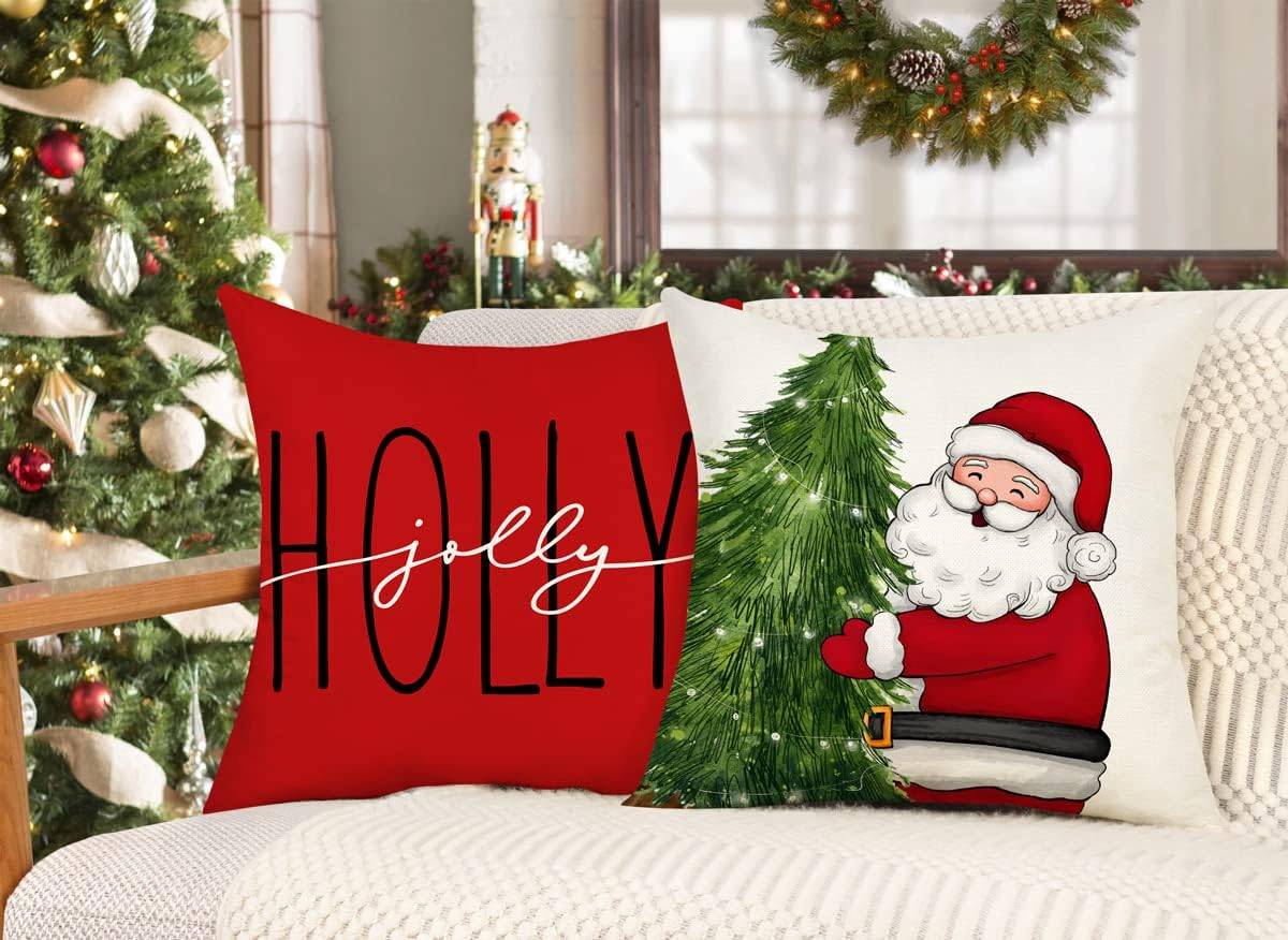 4TH Emotion Red Christmas Pillow Covers 20X20 Set of 4 Farmhouse Christmas Decorations Snowman Wreath Santa Claus Tree Merry Christmas Holly Jolly Winter Holiday Decor for Home Couch S22C17-20 image number 6