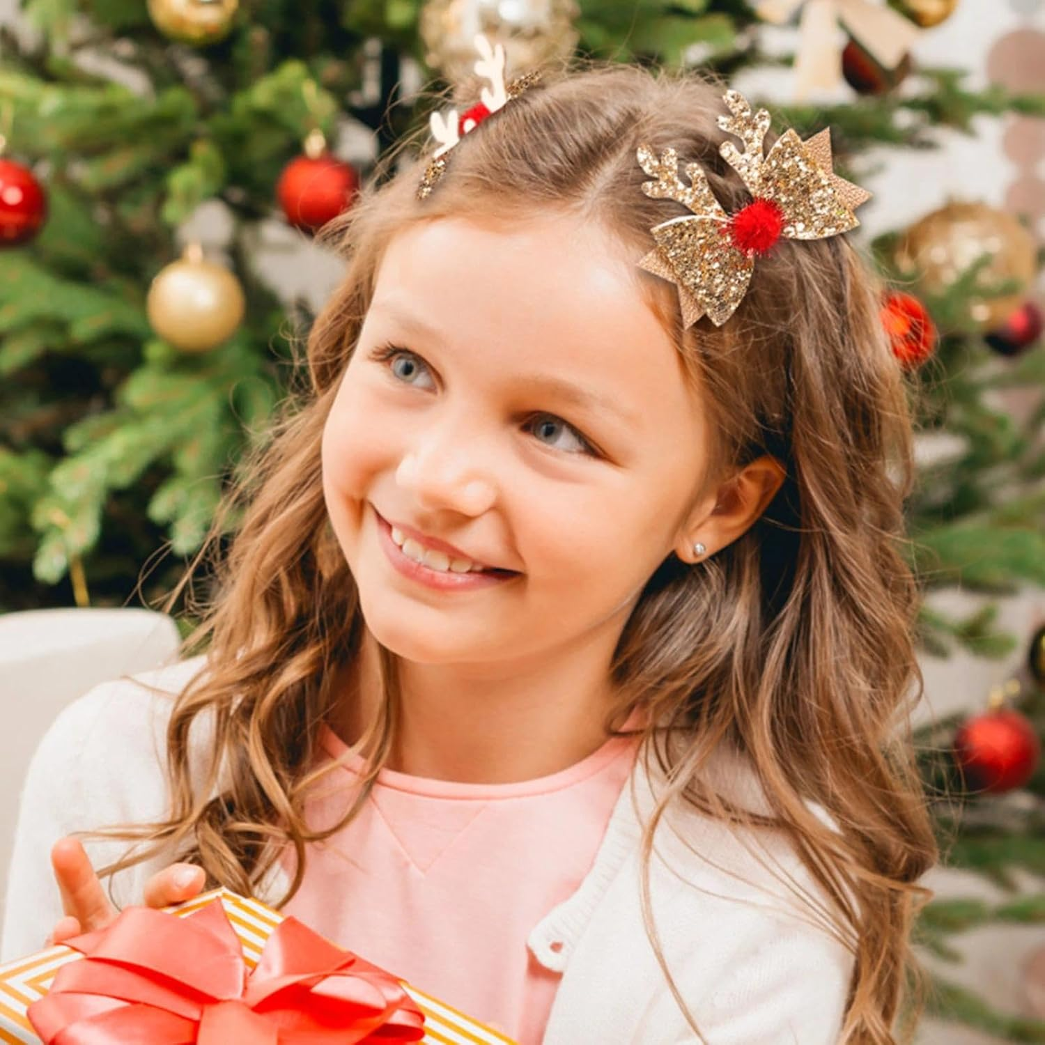 Dinghaole 6Pcs Christmas Hair Accessory Set - Bow Hair Clip, Christmas Reindeer Antler Headband, Suitable for Holiday Parties and Holiday Styles (Red and Gold) image number 4