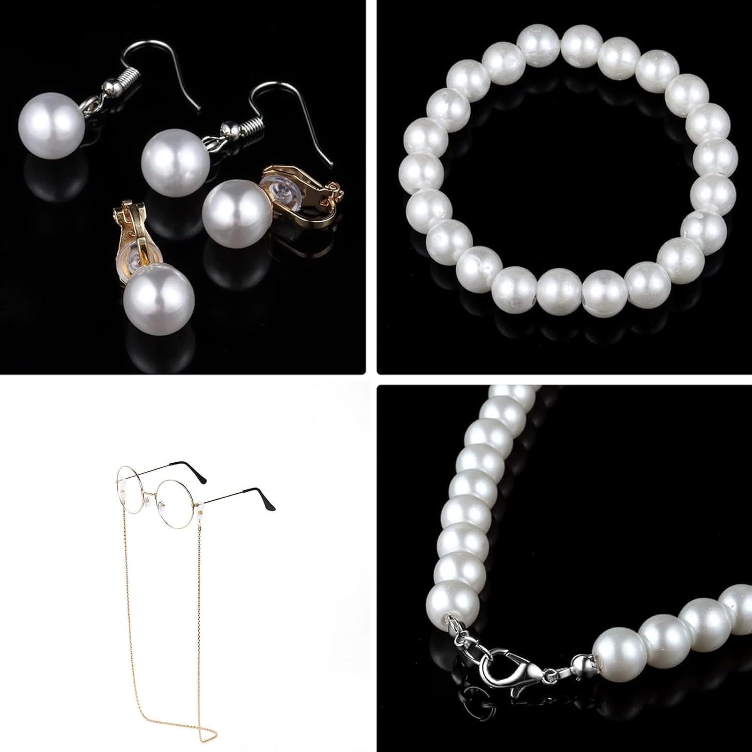 HENWUBEI 7 Piece Old Lady Cosplay Set, Grey Granny Wig Curls Necklace and Fake Eyeglasses Set,Halloween Masquerade Party Witch Decoration 100 Days of School Event image number 2