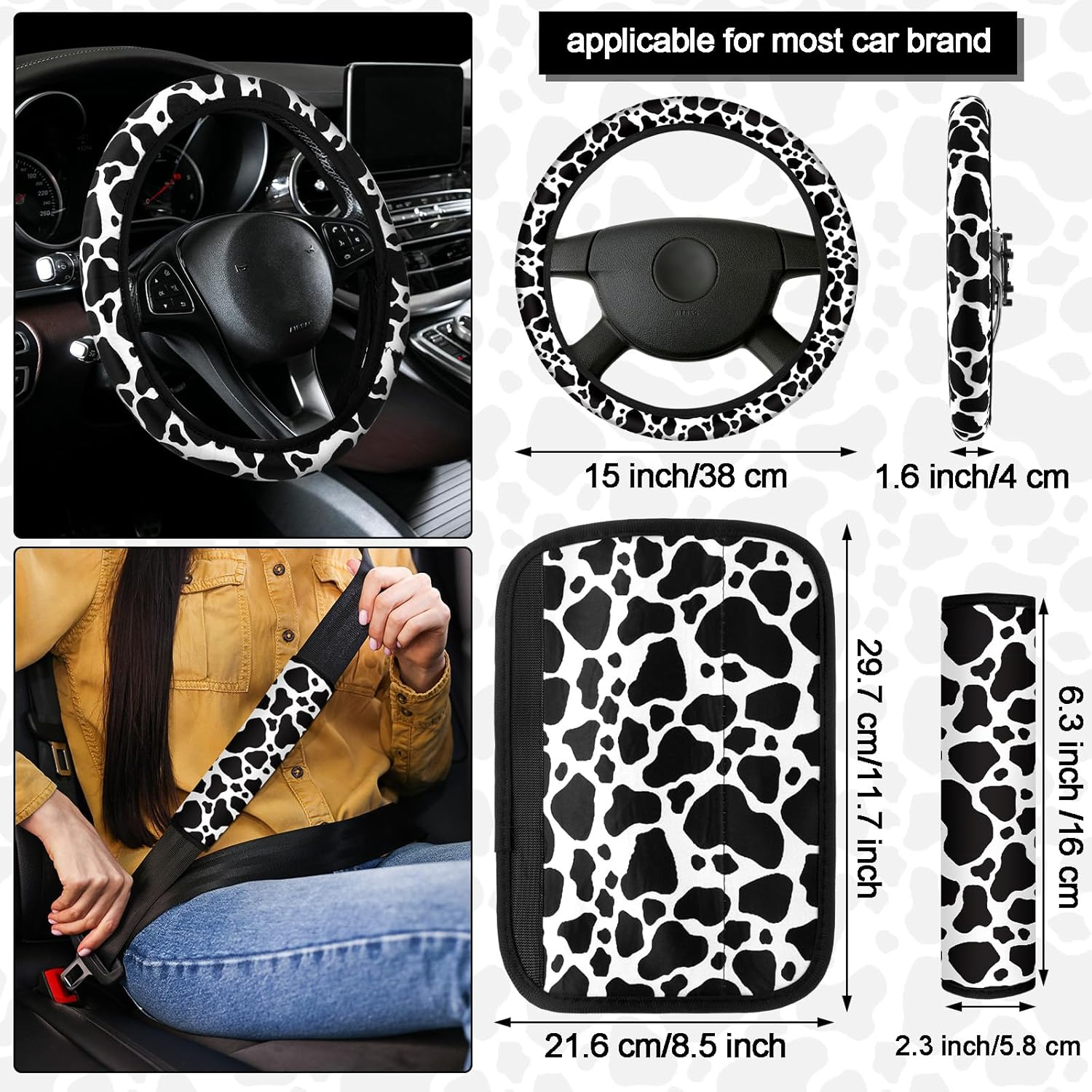 Datanly 16Pcs Cow Print Car Seat Cover Full Set for Women Men Car Seat Accessories Protector Steering Wheel Armrest Pad Belt Pads Mirror Cover for Most Sedan SUV Van (White, Black) image number 5
