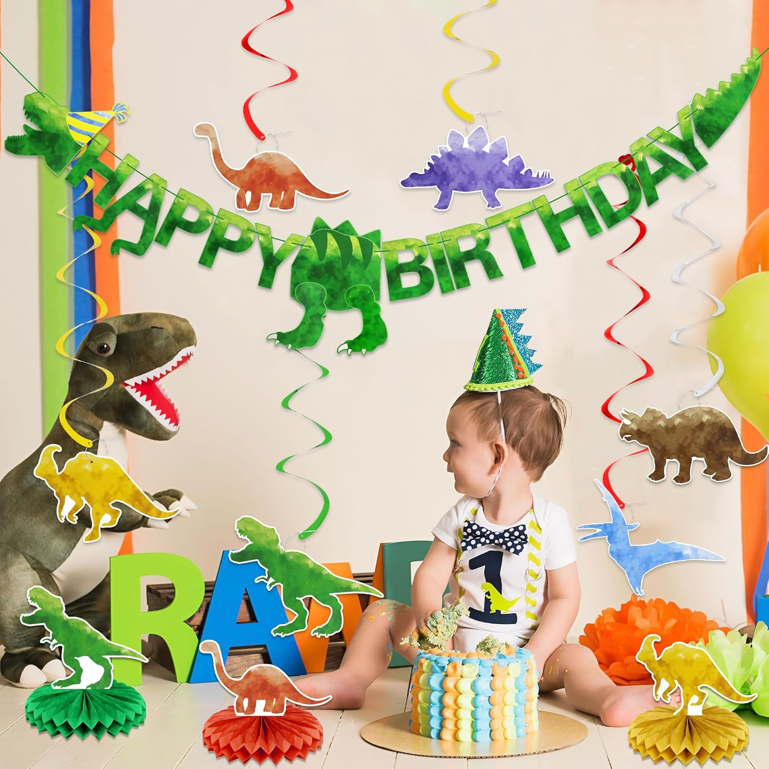 Watercolor Dinosaur Happy Birthday Banner Kids Party Decorations 6 Hanging Swirl Streamer 3 Honeycomb Centerpieces image number 1