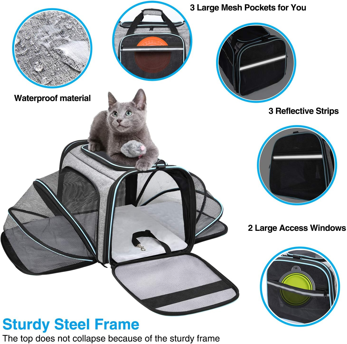 MASKEYON Airline Approved Portable Pet Carrier 2 Sides Expandable Soft-Sided Large Cats Carrier Collapsible Kennel Travel TSA Carrier 4 Doors with Removable Pads and 3 Pockets for Puppy Small Dogs image number 6