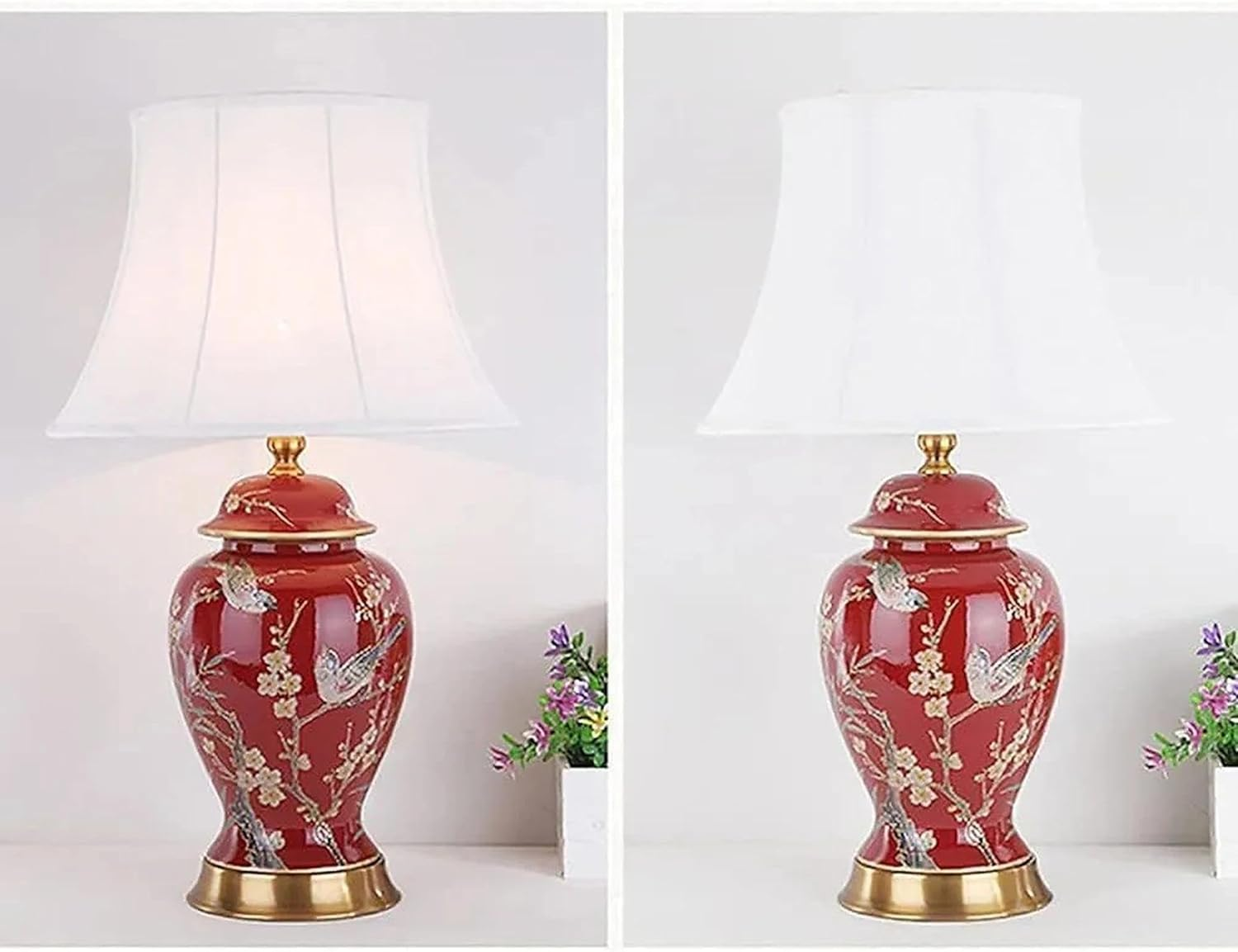 22" Vintage Ceramic Chinoiserie Table Lamp with Floral Birds Design, Classic Bedside Nightstand Lamp with Linen Shade for Bedroom, Living Room, Office image number 4