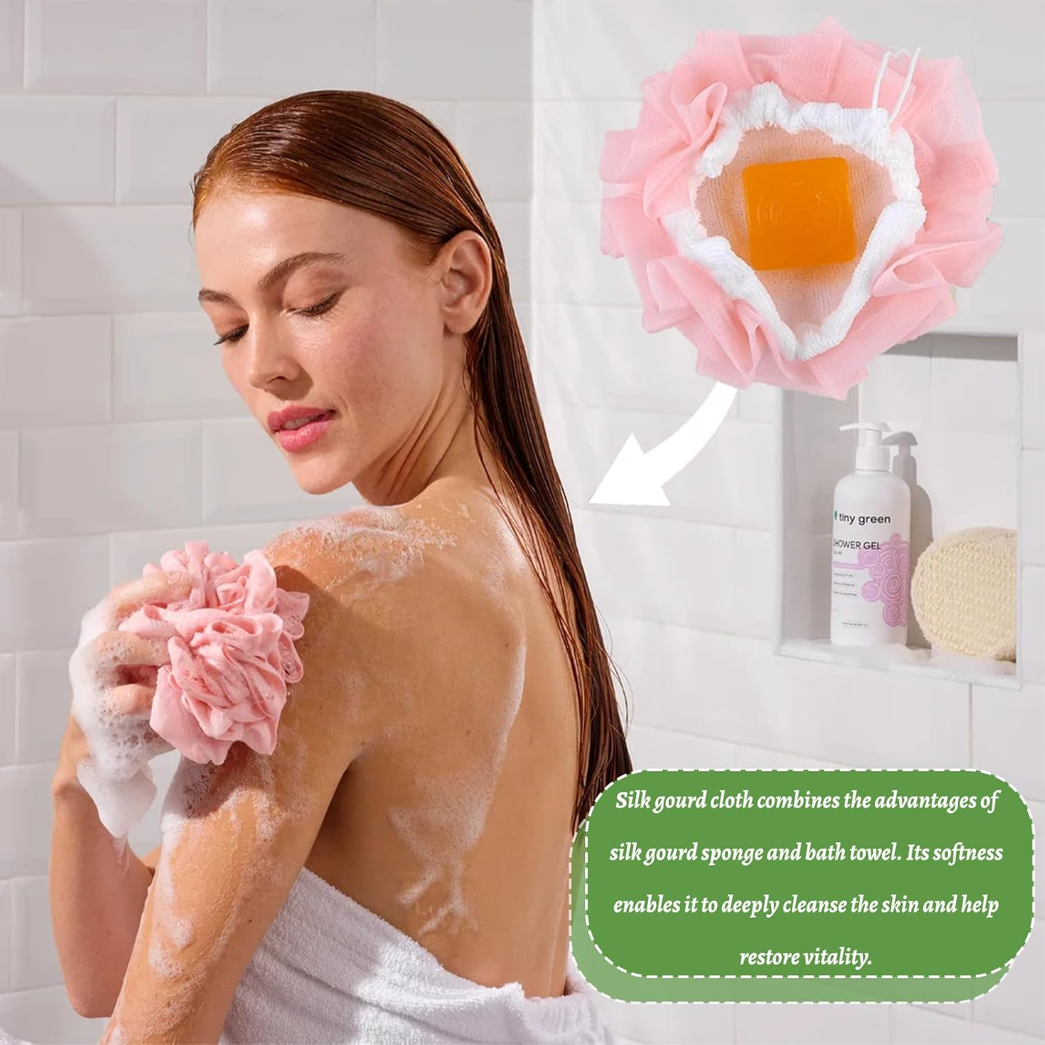 2Pcs Loofah Cloth for Bar Soap,2-In-1 Shower Washcloth Loofah Washcloth Pink and Green, Bar Soap Pouch for Cleansing and Smooth Skin image number 5
