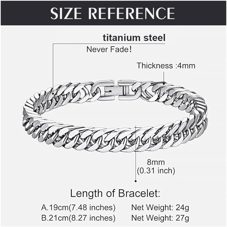 Bracelets for Men, Mens Jewelry with Gift Box Stainless Steel Simple Cuban Chunk Link Silver Bracelet for Men and Boys - 21Cm image number 3