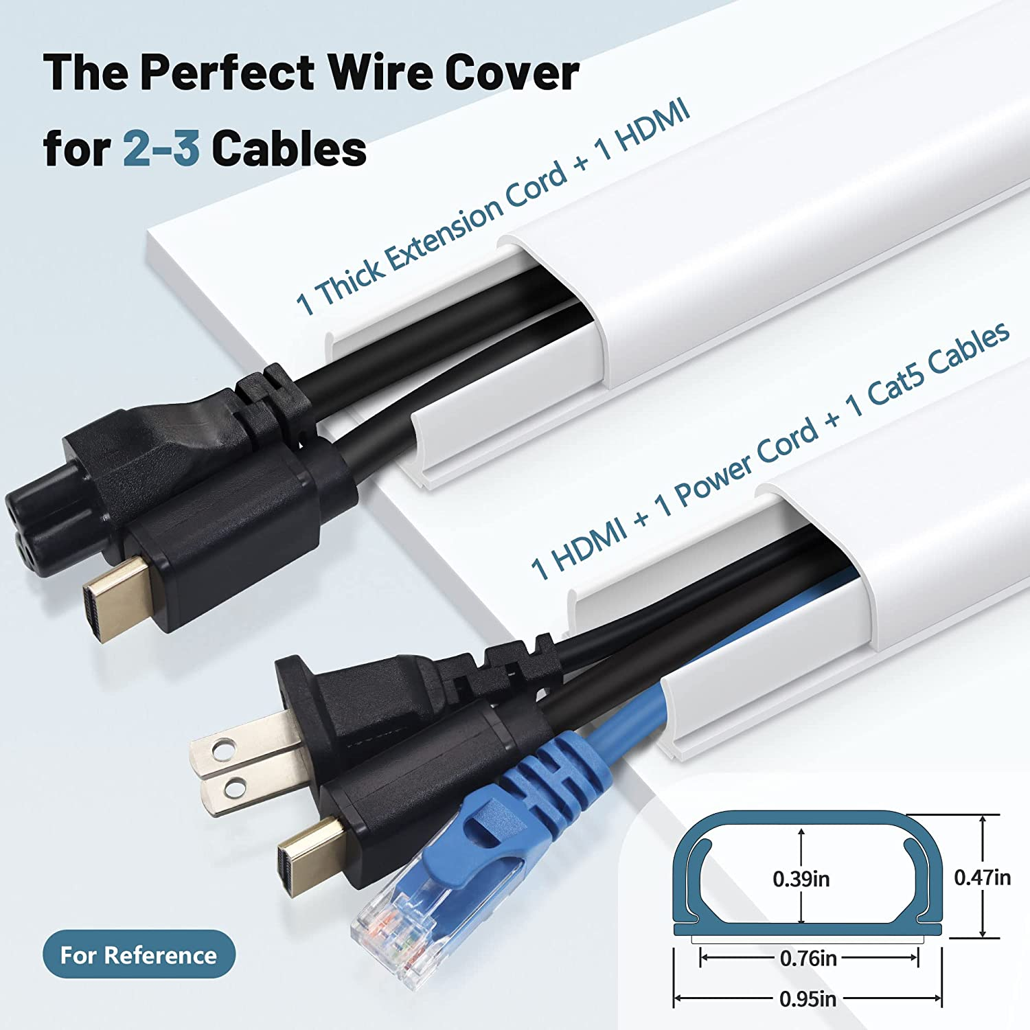 153In Cord Hider Wall, Wire Hiders for 3 Cords, Cord Cover for 2 Thick Extension Cables, Paintable Cable Cover to Hide Cords Wall Mounted TV, Cord Concealer, 9X L17In X W0.95In X 0.47In, White image number 5