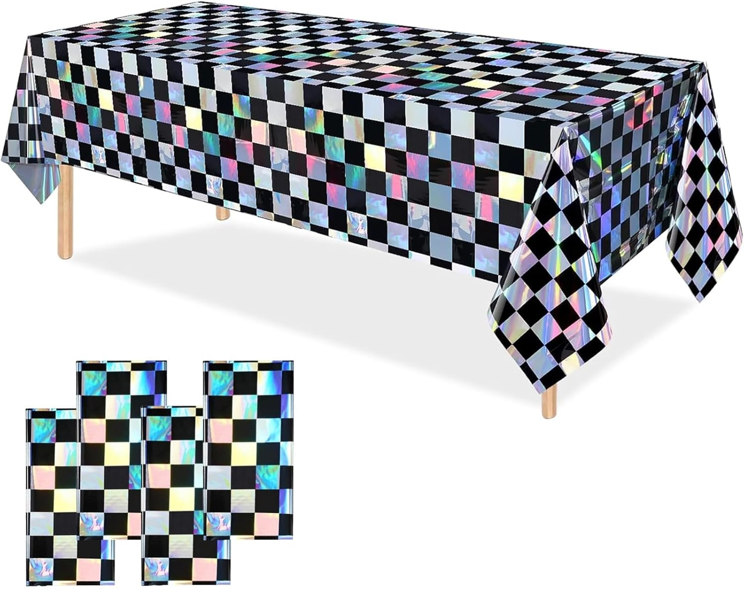 OQOQ Iridescent Checkered Tablecloth (4 Packs, Pink&Sliver) - 108X54 Inches Pink Iridescent Party Decorations Table Cloth Disposable Plastic Table Cover for Birthday Bachelorette Princess Party