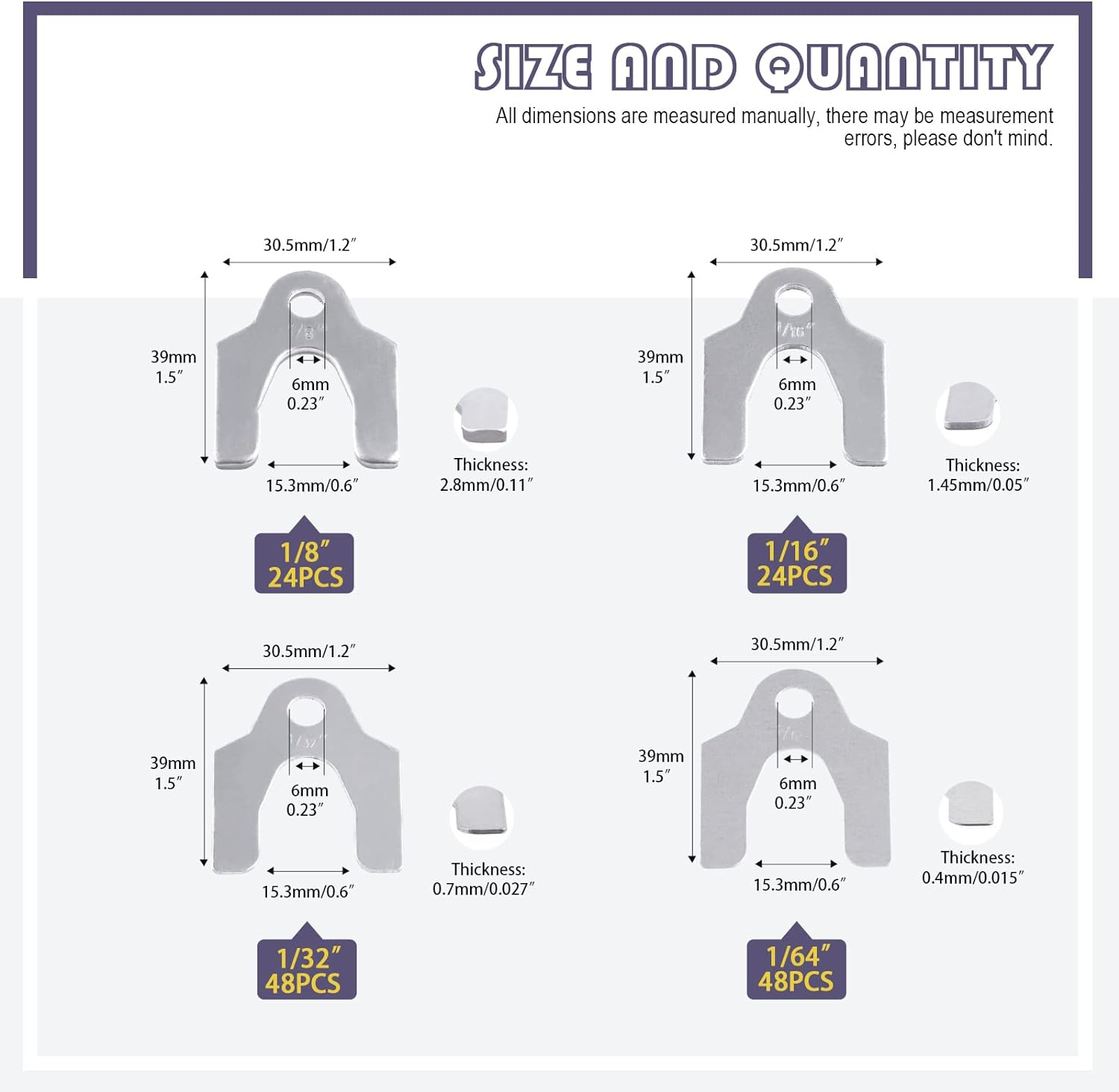 Swpeet 144Pcs 4 Sizes 1/64" 1/32" 1/16" 1/8" Auto Alignment Body Shim Assortment Kit with a Storage Box, Perfect for Adjusting Body Parts or Camber image number 4