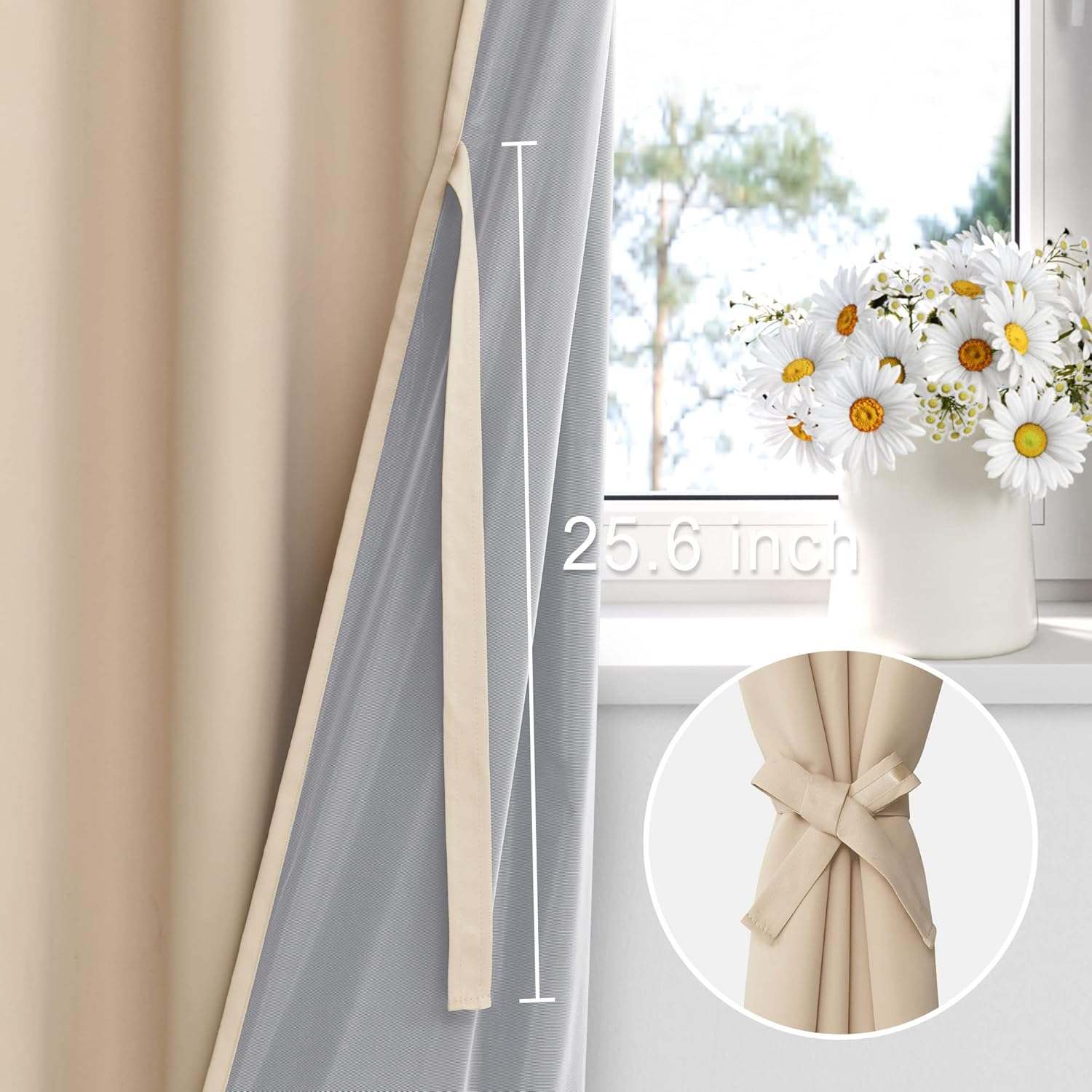 XWZO 100% Blackout Curtains for Bedroom/Living Room - Privacy Protection & Noise Blocking Window Drapes Grommet Top with Black Liner with Tiebacks, Biscotti Beige, W132Cm X D213Cm, Set of 2 image number 6