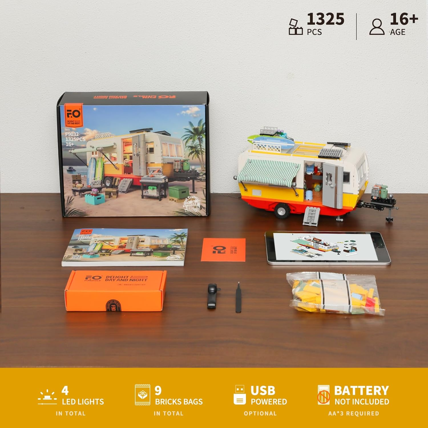 FUNWHOLE Travel Trailer Lighting Building-Bricks Set - Classic Camper Van for Beach 1325 Pcs Creator Vehicle Kit for Adult and Teens image number 1