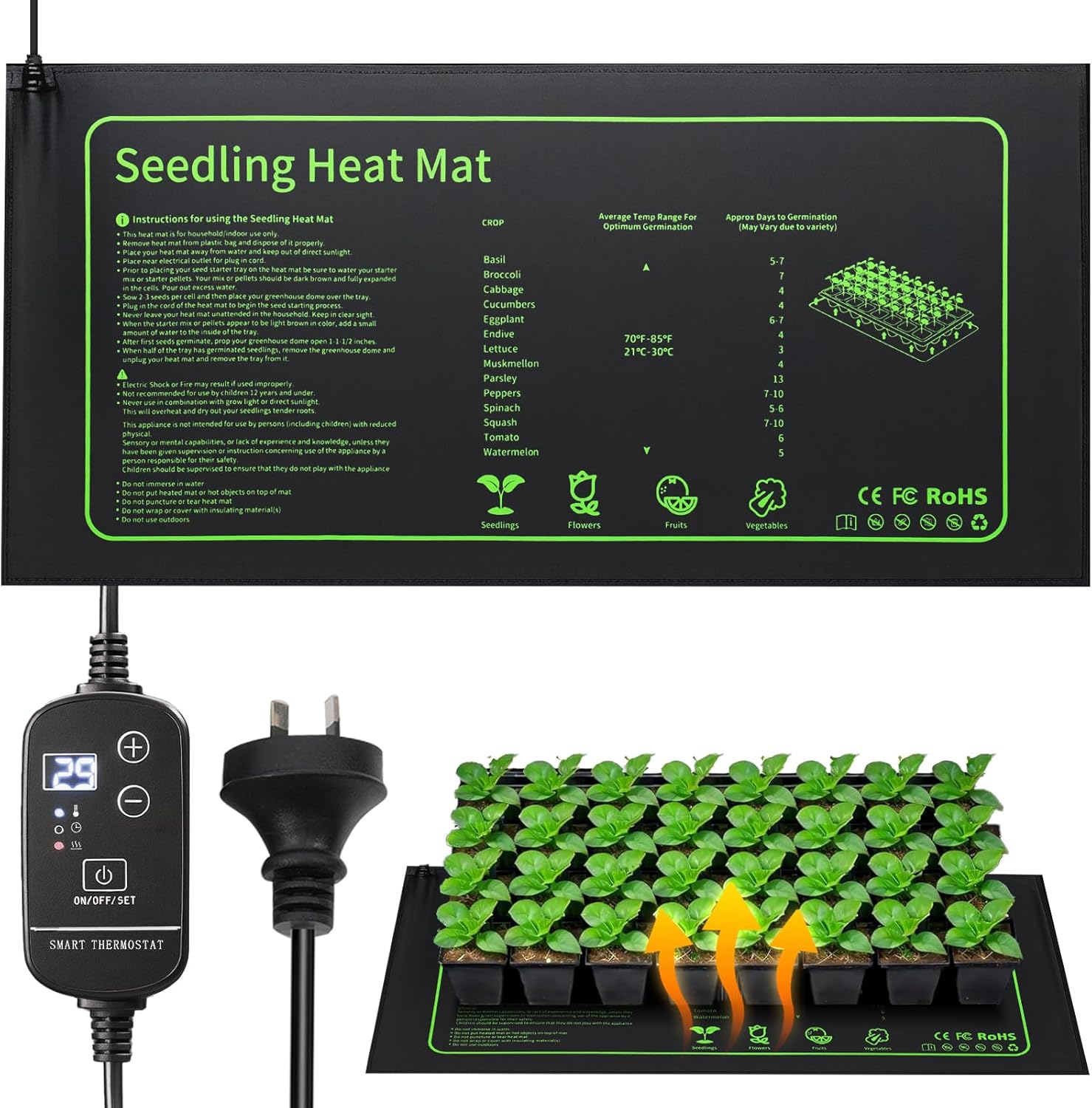 Seedling Heat Mat with Thermostat Controller, 52X25Cm Waterproof Graphene Heating Pad, 20W Hydroponics Indoor Seed Heating Mat, Digital Thermostat Control Monitor for Growing,Brewing image number 3