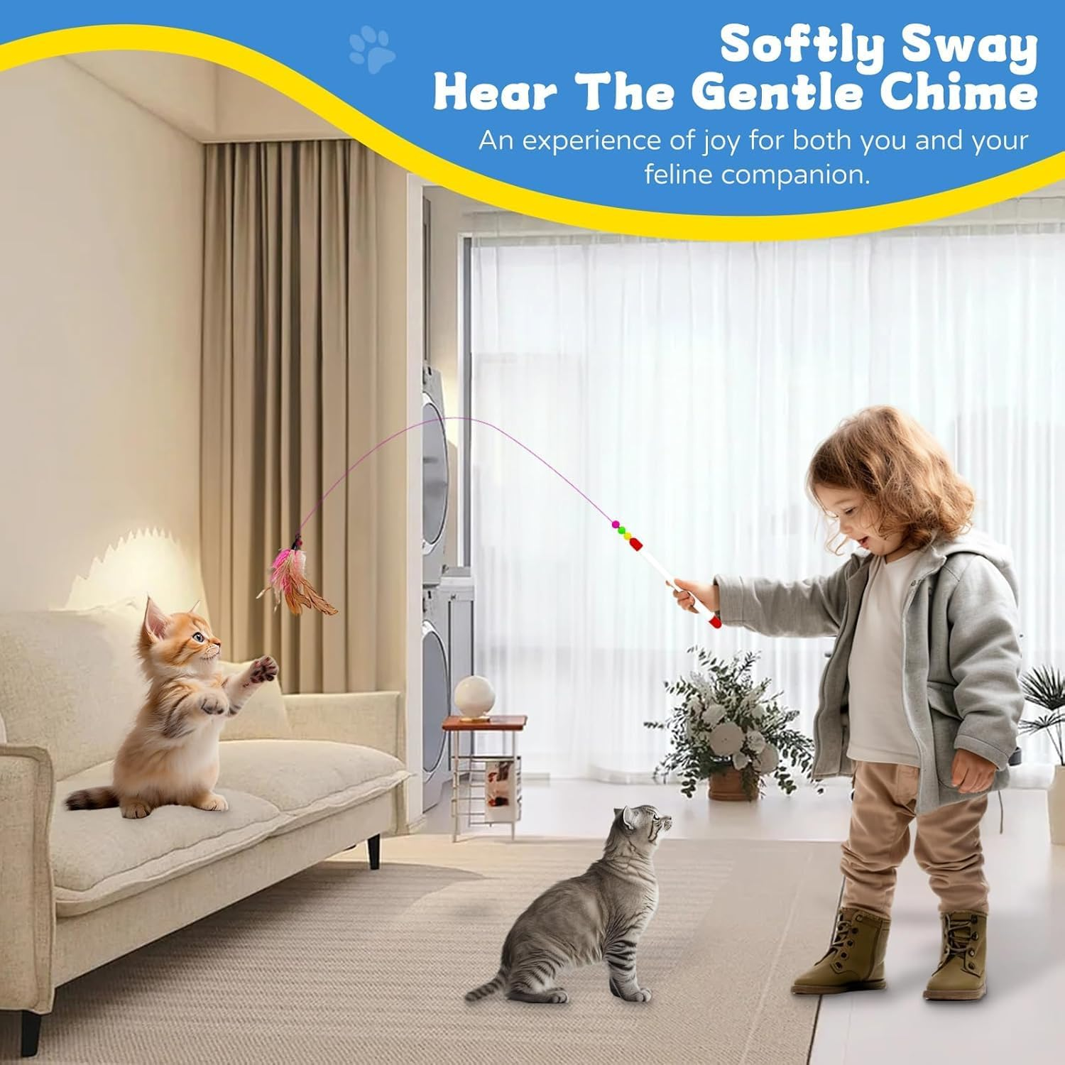 Linyongc Cat Feather Wand, 2Pcs Cat Feather Interactive Toys, Cat Feather Teaser Wand with Bell, Cat Wand Interactive Cat Toy image number 1