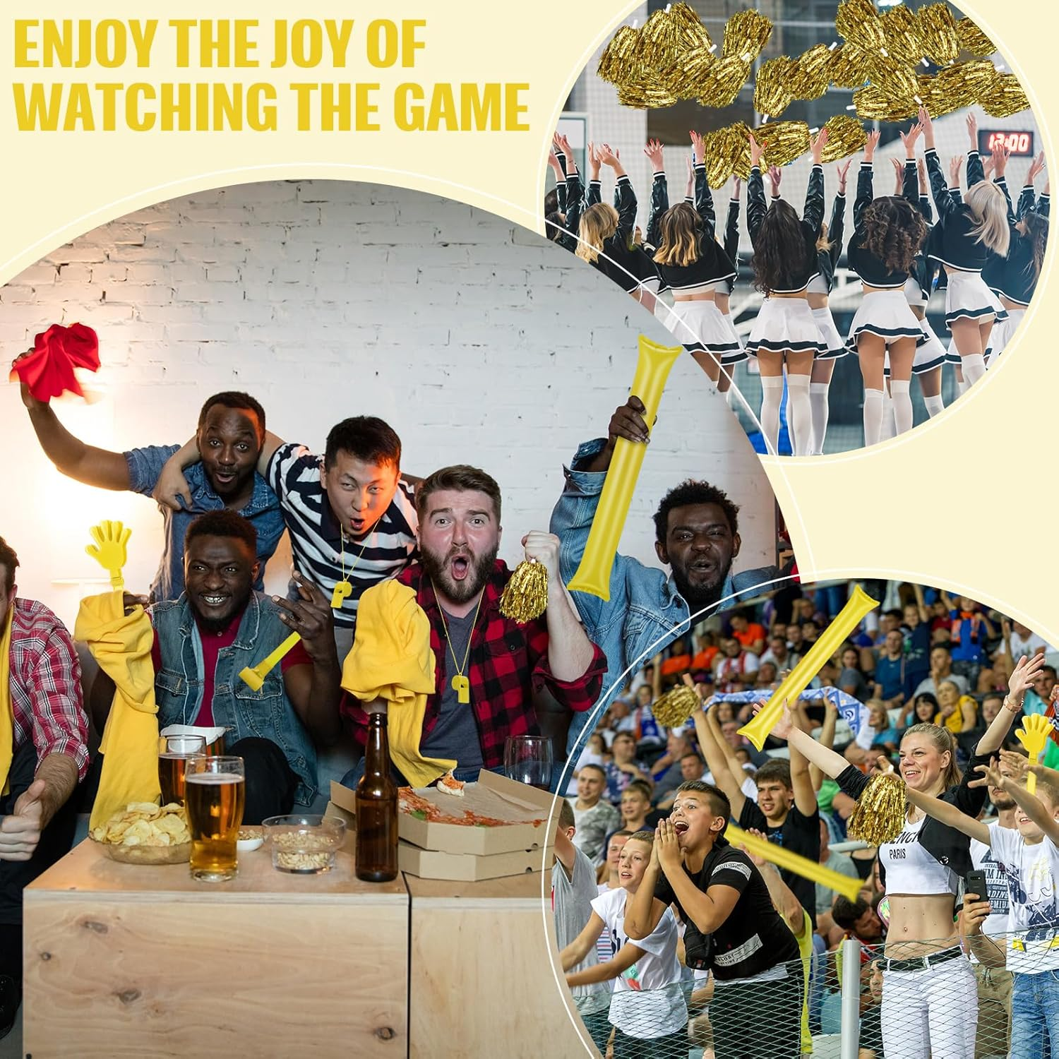 48 Pcs Cheerleading Pom Poms Thunder Sticks Hand Clappers Plastic Whistles with Lanyards Squawker Horns image number 5