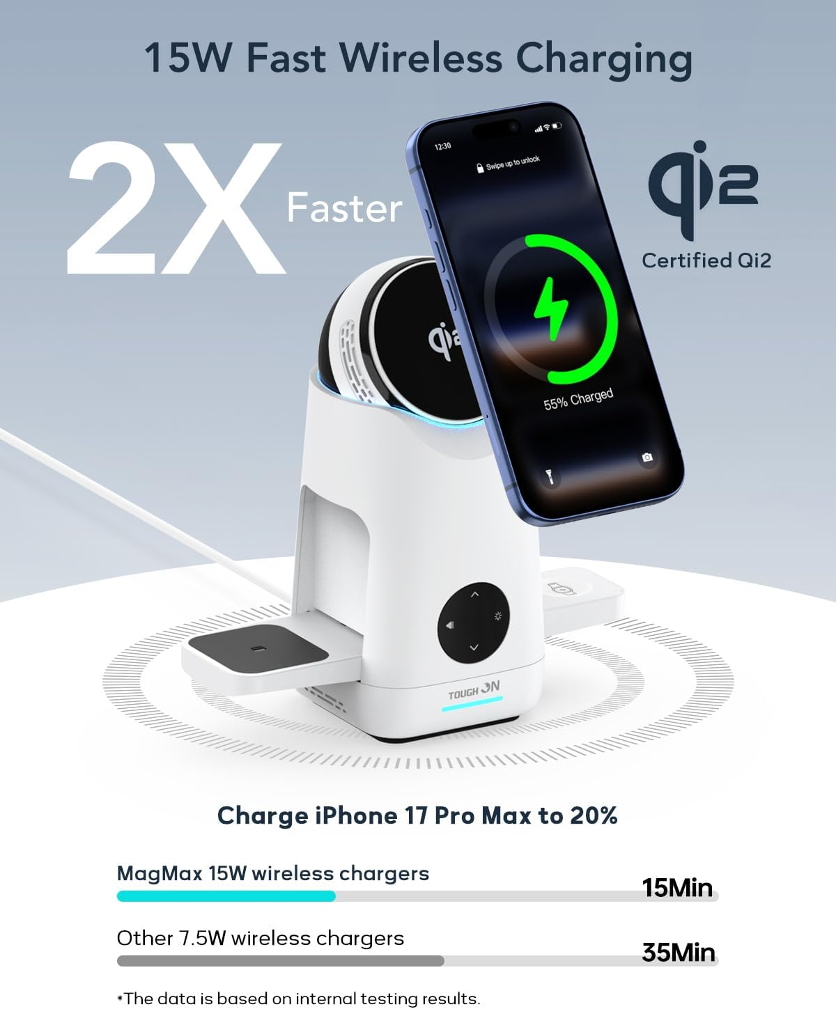 TOUGH on Magmax 3 in 1 Wireless Charger, Qi2 15W Fast Charging Station with Gesture-Controlled Rotation, Magsafe-Compatible Stand for Iphone 17/16/15, Apple Watch, Airpods, Samsung Galaxy S25 Series image number 2