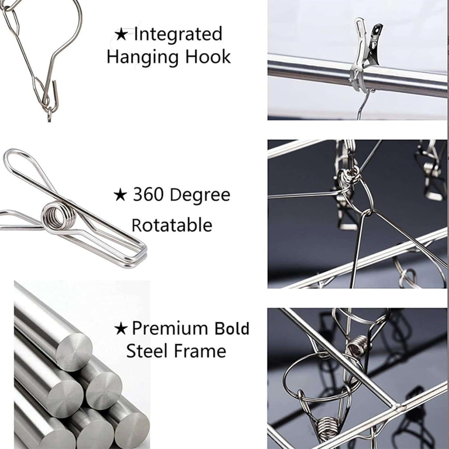 Clothes Drying Rack with 40 Clips,Stainless Steel Laundry Clothesline Hanging Rack, Anti-Wind Drying Clothes Hanger Hook, Drip Hangers Clothes Drying Rack for Underwear Towel Scarves Socks (Silver)