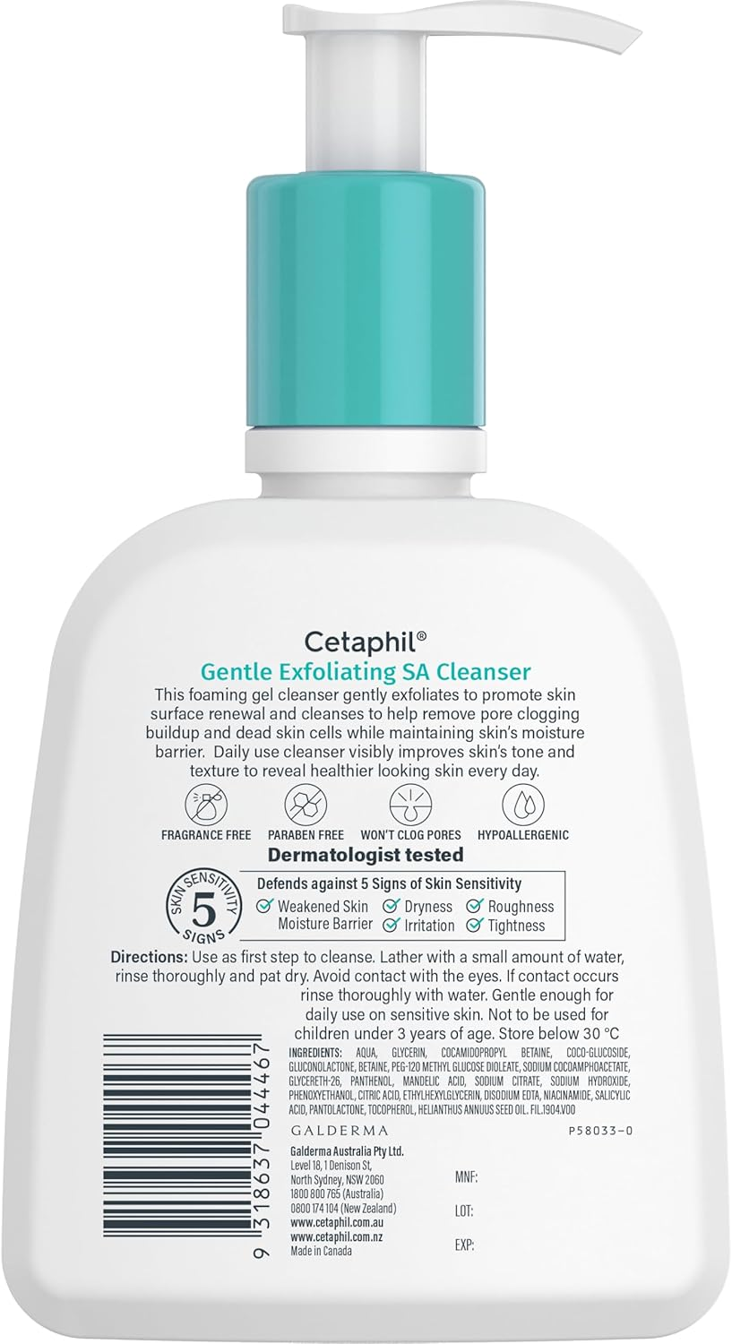 Cetaphil Gentle Exfoliating SA Cleanser, Foaming Gel Cleanser for All Skin Types, 236Ml Pump Bottle, Salicylic Acid, Mandelic Acid & Gluconolactone, Gently Exfoliates, Dermatologist Recommended Brand image number 1