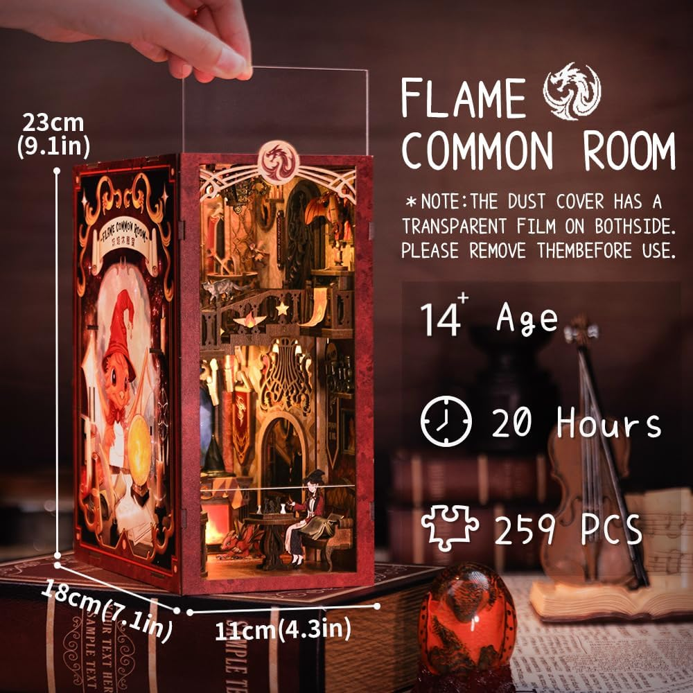 CUTEBEE DIY Book Nook Kit - 3D Wooden Puzzle Miniature Dollhouse with Dust Cover, Bookshelf Insert Decor for Adults (Flame Common Room) image number 3