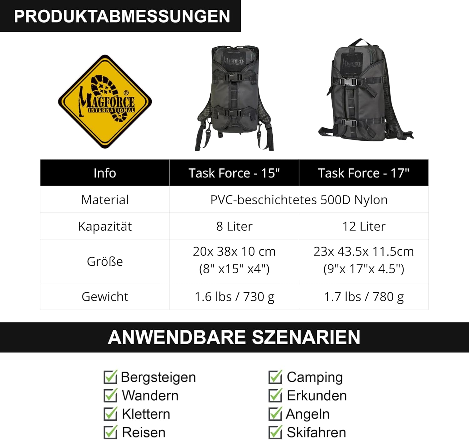 Magforce Hiking Backpack Task Force Lightweight Travel Backpack 500D Nylon Outdoor Backpack with Large Capacity, Wide Opening, Multiple Compartments and Zipper image number 3