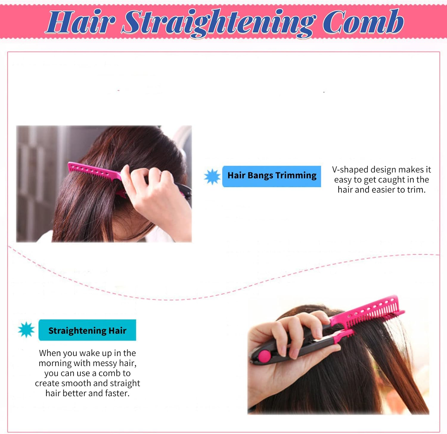 Hair Straightening Comb Haircut Anti-Static V Shape Comb Clip Clamp Hairdressing Styling Tools(Rose Red) image number 6