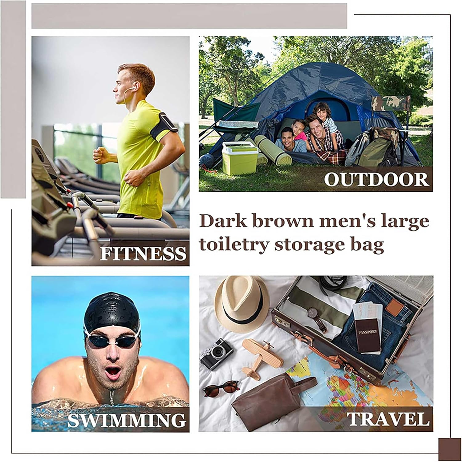 ZAUIBDUU Small Waterproof Leather Hand Carry Mens Travel Toiletry Bag (Dark Brown) image number 3