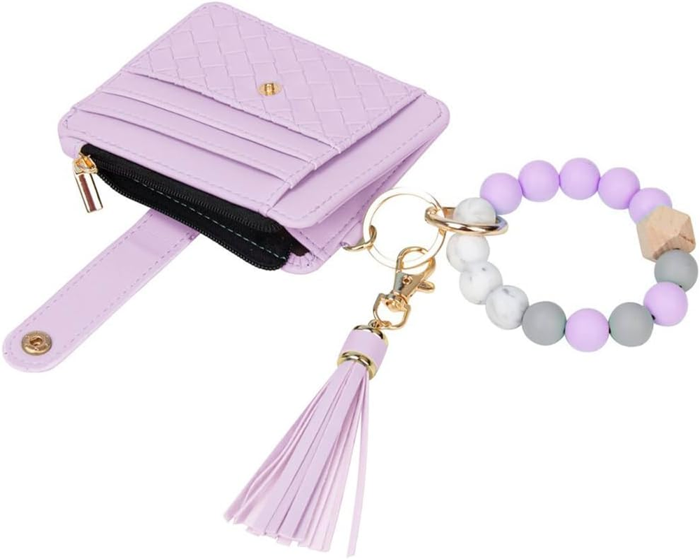 Wristlet Bracelet Keychain Credit Card Holder Purse,Rfid Blocking Zip Slim Wallet,Silicone Bead Tassel Key Ring for Women, Purple, One Size, Keychain Wallet with Bracelet image number 3