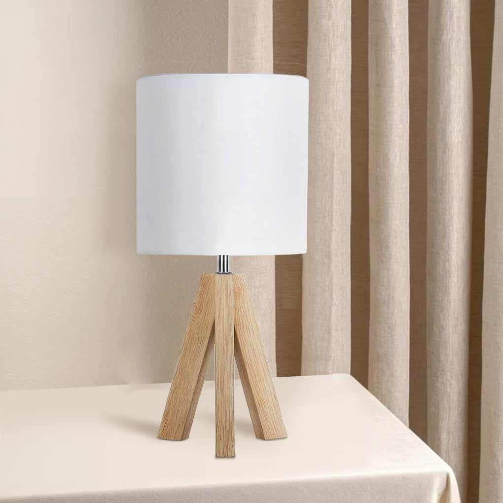 Clora beside Table Lamp, Wood Tripod Table Lamp with White Fabric Shade, Boho Nightstand Lamp, Minimalist Desk Lamp for Bedroom Living Room Nursery Kids Room Office Dorm, Bulb Included image number 3