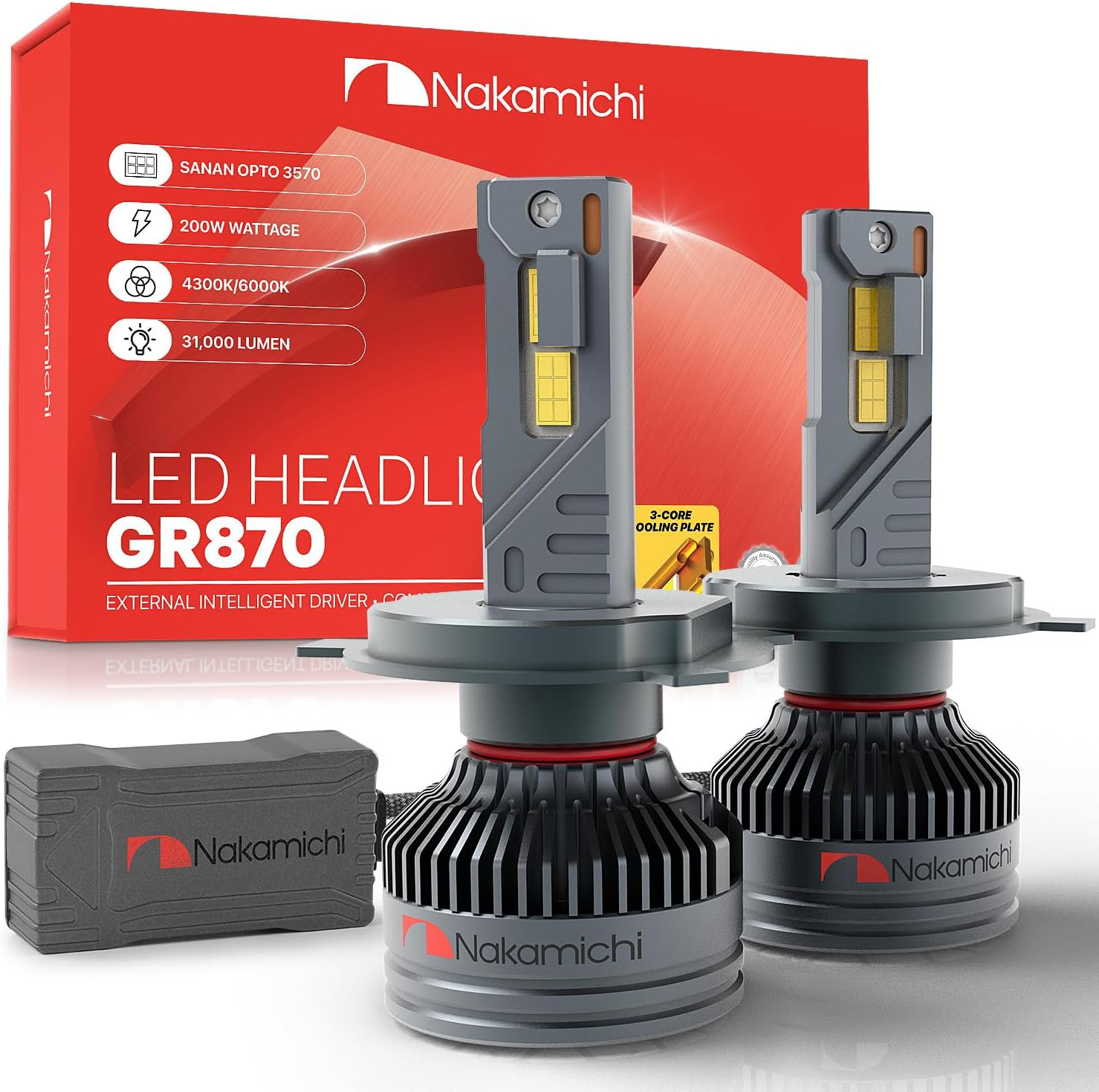 Nakamichi GR870 Series D2 D4 LED Light Bulbs for Replacement, 31,000 Lumens 200W per Set, Super Bright Cool White, Plug and Play, High & Low Beam, Pack of 2, 6000K, D2 D4 D2S D2R D4S D4R