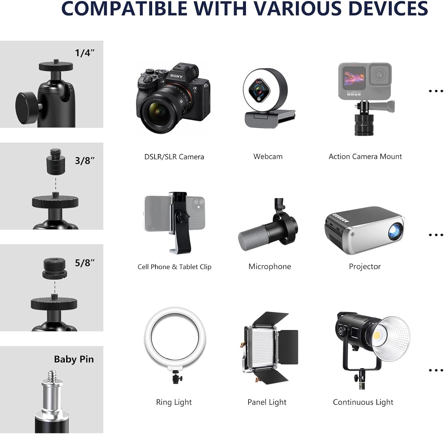 【All Metal】Raubay Desktop Magic Arm, Overhead Camera Desk Mount, Table Light Stand with 1/4&ldquo; Ball Head, 3/8" & 5/8" Adapter, C Clamp, Retractable Boom Arm for DSLR, Webcam, Microphone, Projector DMA01 image number 2