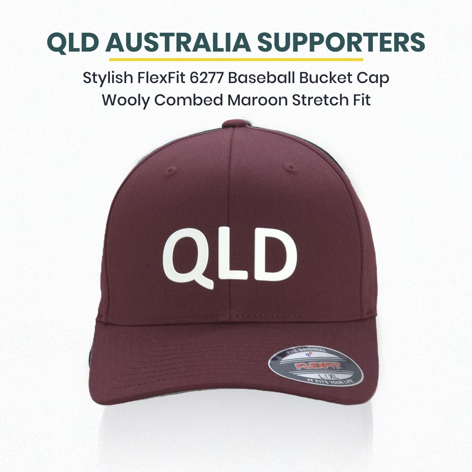 QLD Supporters Cap, Flexfit 6277 Wooly Combed Baseball Cap, Acrylic-Wool, Flexfit Technology, 6-Panel, Silver Undervisor, Stretch Fitted, Premium Mid-Profile, Maroon image number 5