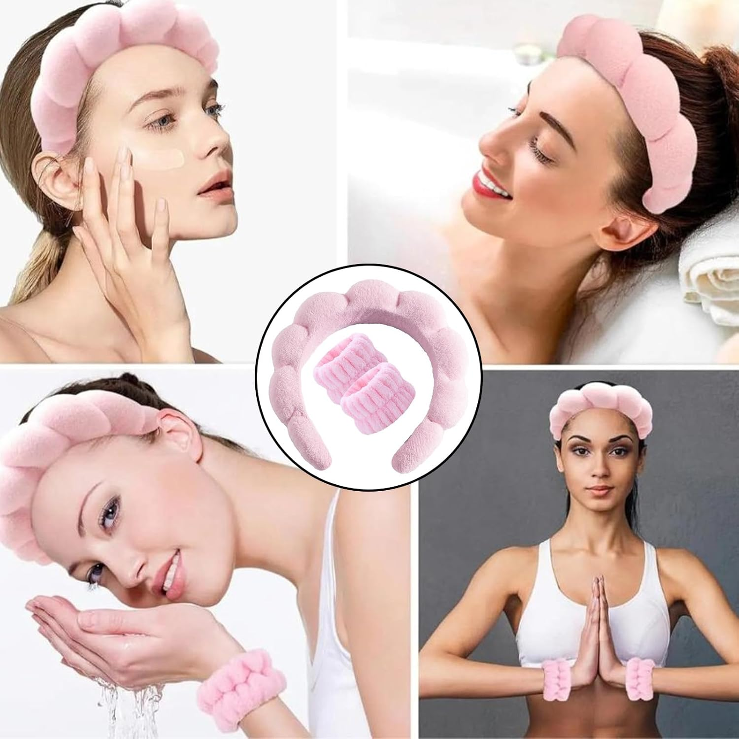 JOOTUEPO 3 Pieces Spa Headband for Washing Face, Elastic Hairbands Face Washing Wristband, Sponge Puffy Makeup Headbands for Women Girls Shower/Sports/Yoga (Pink) image number 2