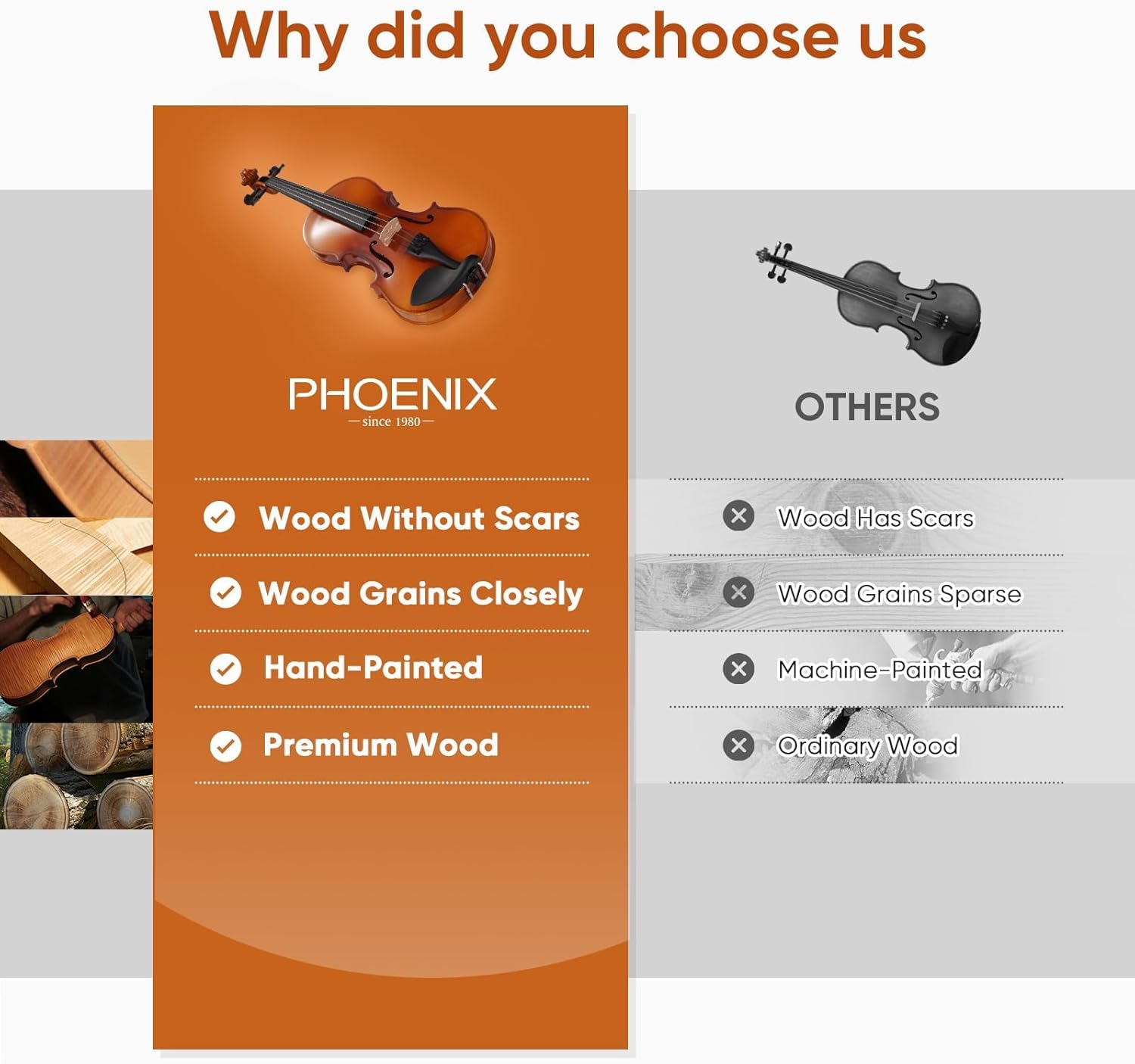 PHOENIX Violin 4/4 Full Size Kit, Violin Fiddle Set for Beginner Adults Student with Rosewood Bow, Extra Strings, 1 Rosin, Case, Fingerboard Stickers, Shoulder Rest (Full) image number 3