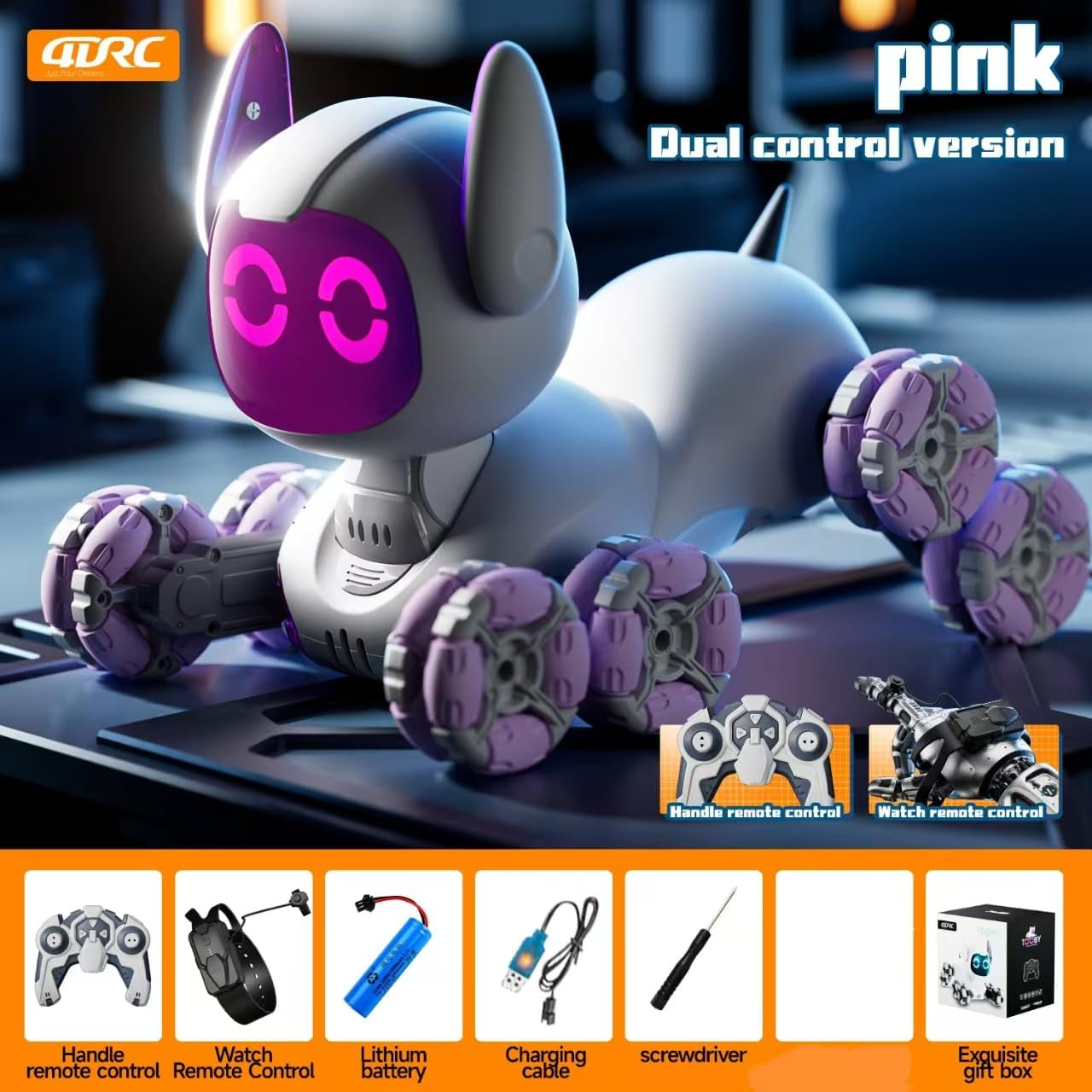 Robot Dog, Stunt RC Car, Transformable, Touch Sensing, Watch Remote Control, Dual Control Robot Toy, Mecanum Wheels, Children'S Birthday Gift (Pink) image number 4