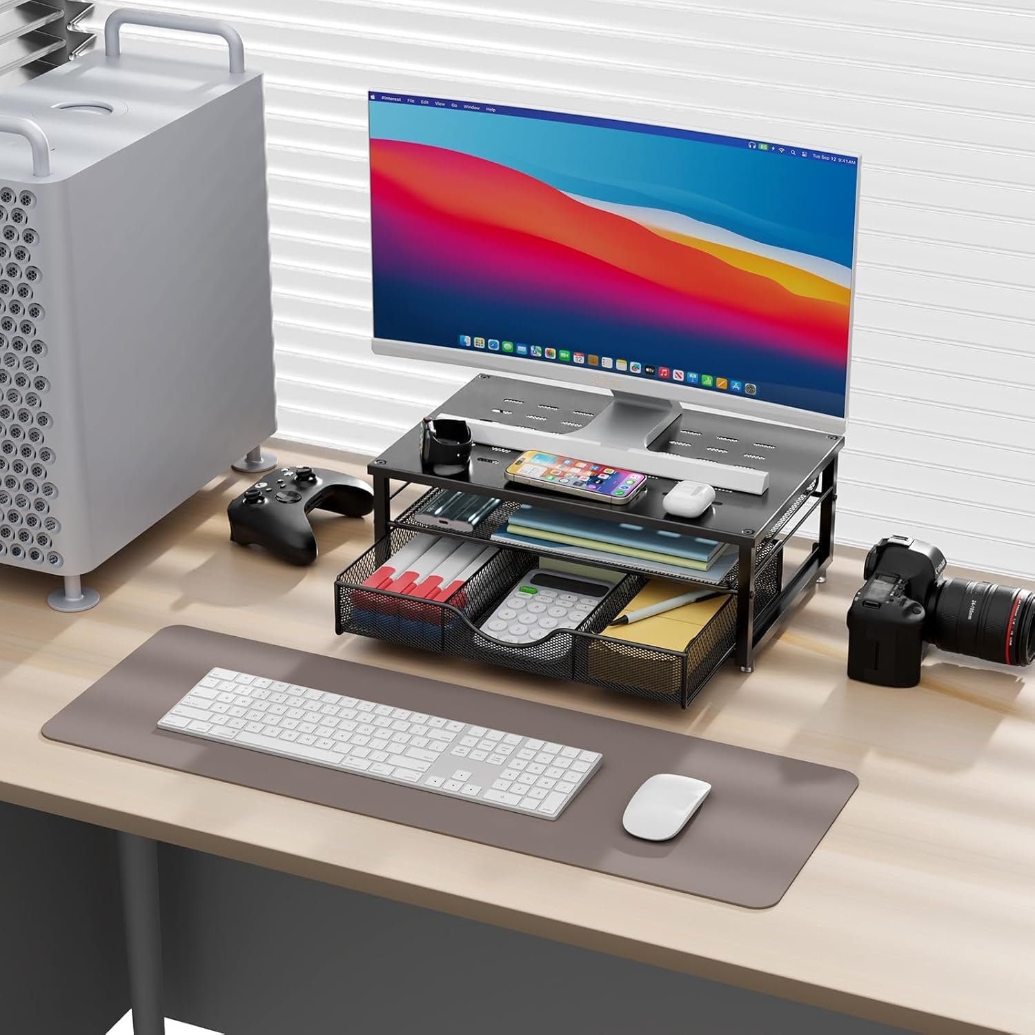 Computer Monitor Stand Riser, Desk Organizers and Accessories with Drawer, Office Desk Accessories & Workspace Desktop Organizers Storage for Printer Stand (Black) image number 6