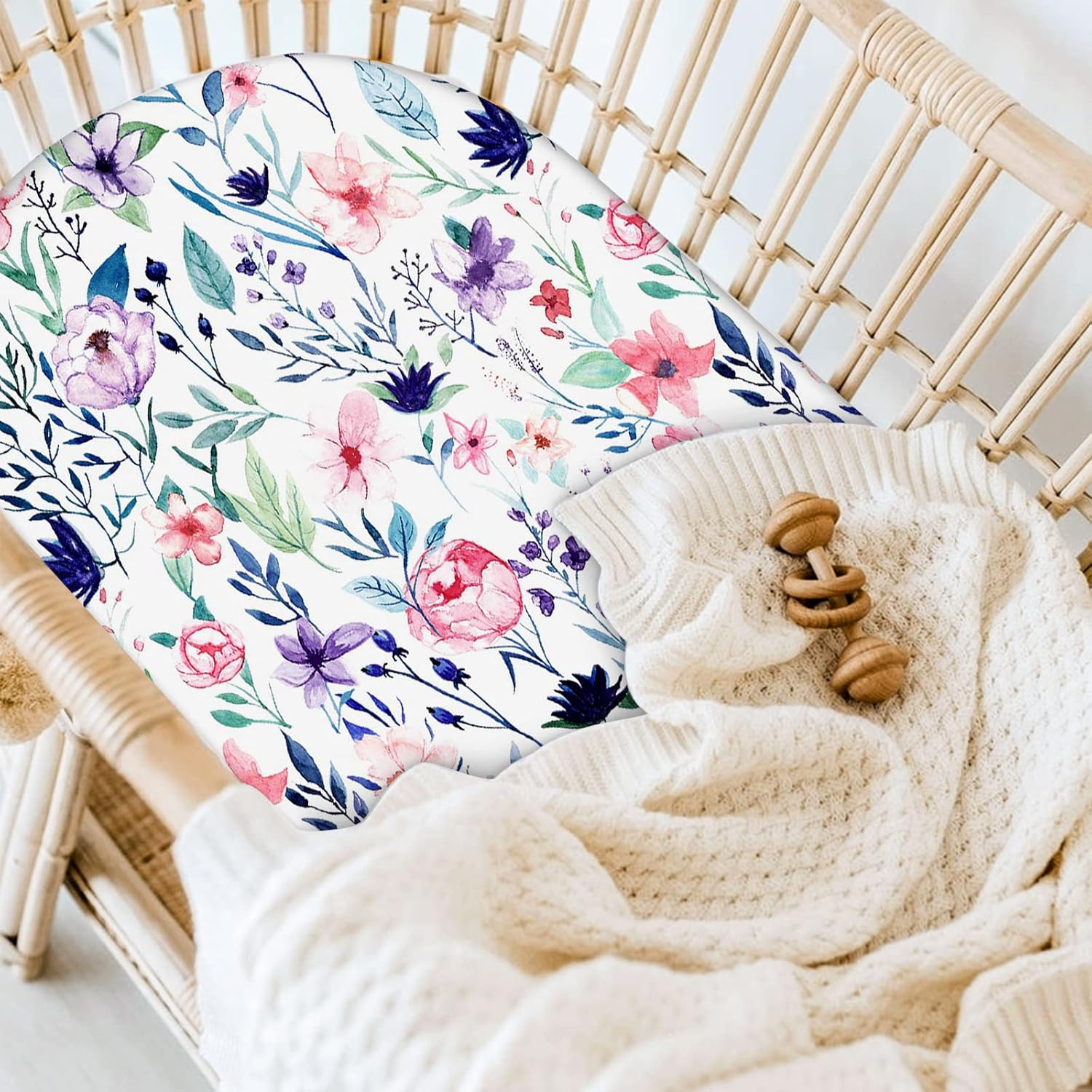 Bassinet Sheet 2 Pack Ultra Stretch Bassinet Fitted Sheet for Baby Girls Boys, Soft Universal Snug Fits Rectangle, Oval and Hourglass Bassinet Pad/Mattress, Stylish Floral image number 5