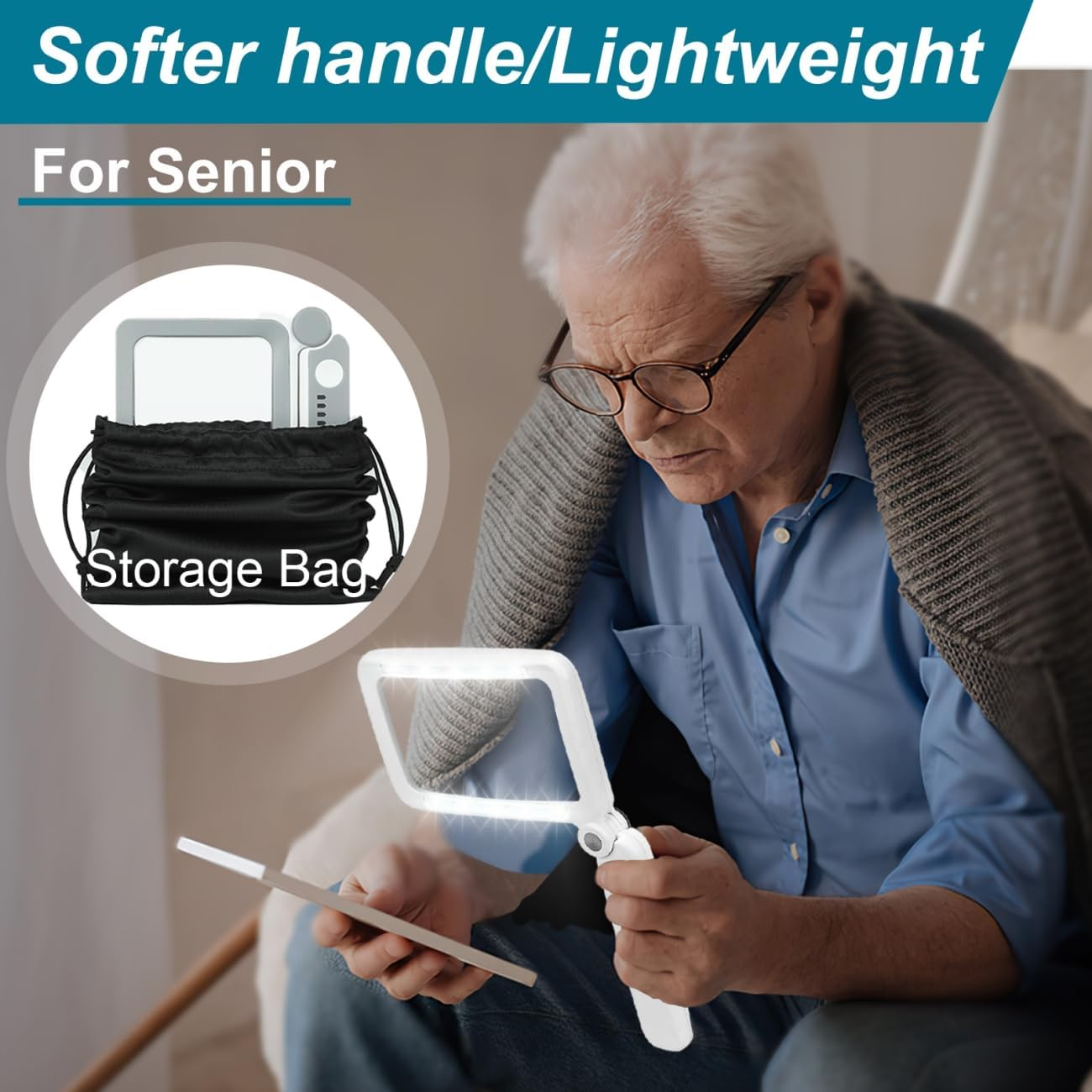 Rechargeable Magnifying Glass with Light for Reading, 5X Large Page Magnifier with LED Lighted for Seniors Low Vision, Folding Handheld Lightweight Rectangle Magnifier for Reading Book Small Print image number 2