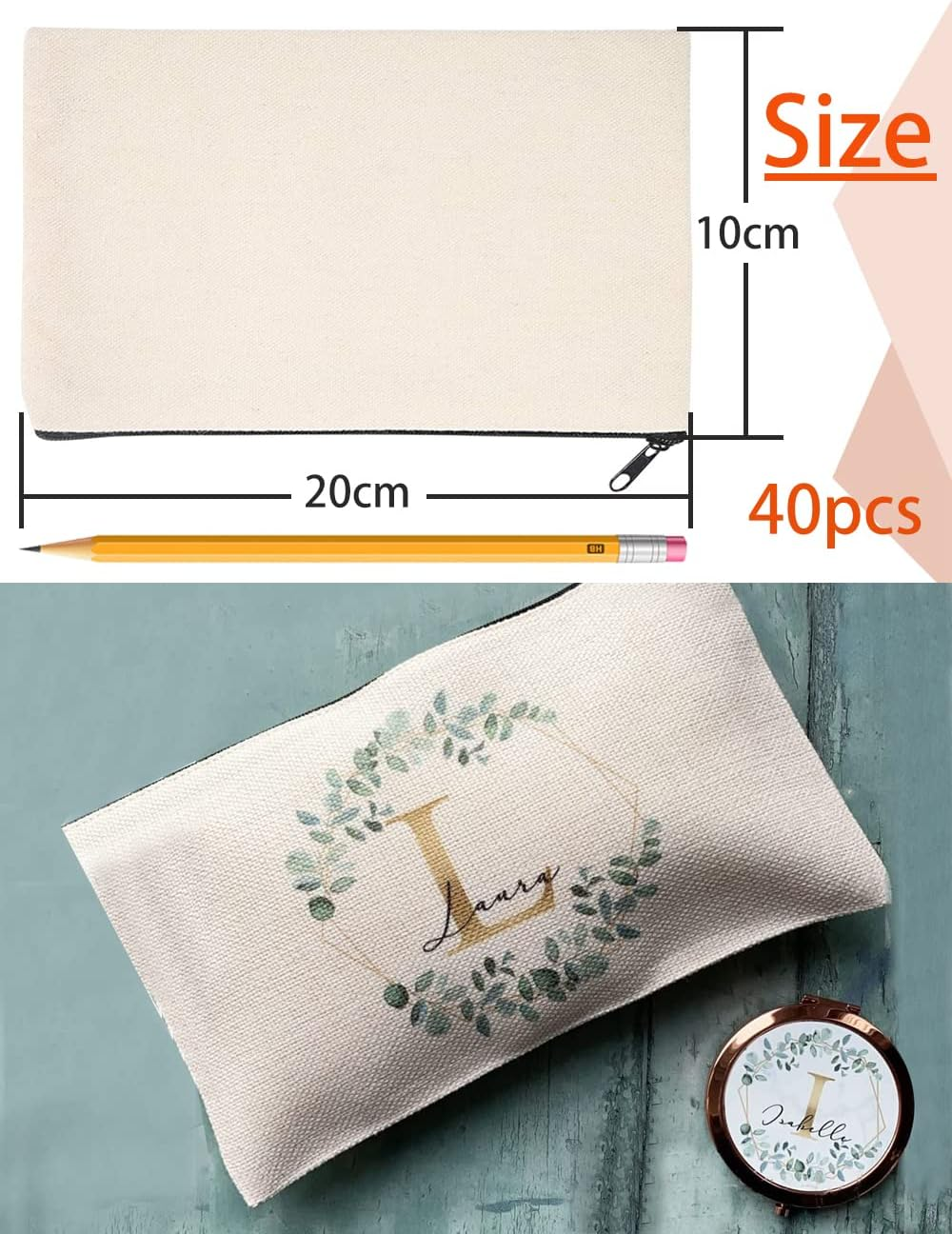 40 PCS Canvas Zipper Pouch, 10*20CM Blank DIY Craft Pen Bag, Graffiti Stationery, Makeup, Storage Pencil Case, Multi-Purpose Cosmetic for Travel Work image number 1
