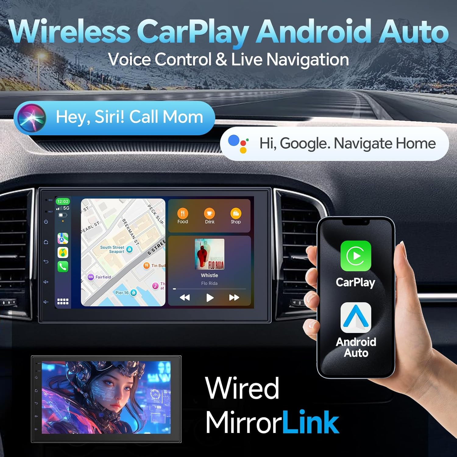 Wireless Carplay Screen for Car & Android Auto Head Unit - Touchscreen 7 Inch Double Din Car Stereo with Backup Camera for All Cars (2+32GB NO Camera) image number 5