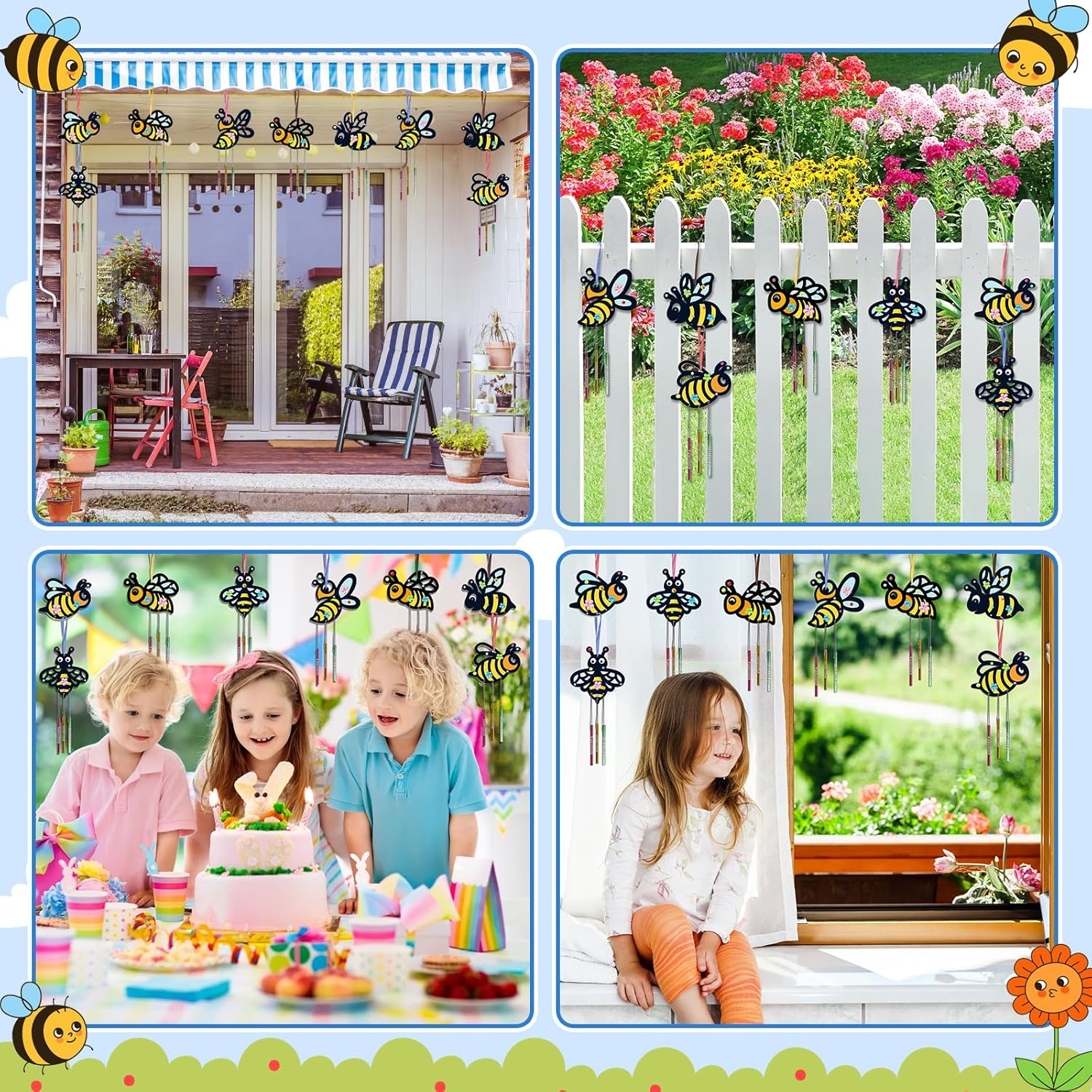 Fennoral 10 Pack Bee Wind Chime Kit for Kids Make You Own Honey Bee Wind Chimes Ornaments DIY Coloring Wooden Art and Craft for Spring Art Activities Birthday Party Decorations image number 5