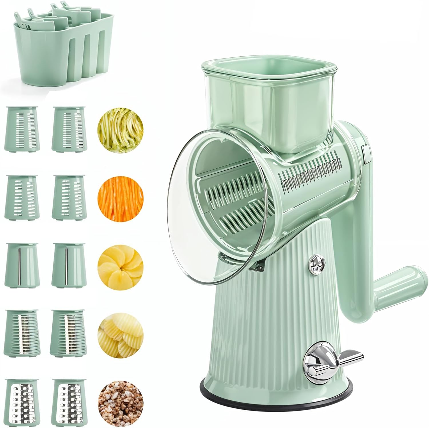Rotary Cheese Grater with Handle,5 in 1Rrotary Cheese Grater,Vegetable Chopper, Storage Box with Blade,The Suction Base Is Easy to Use（Green）