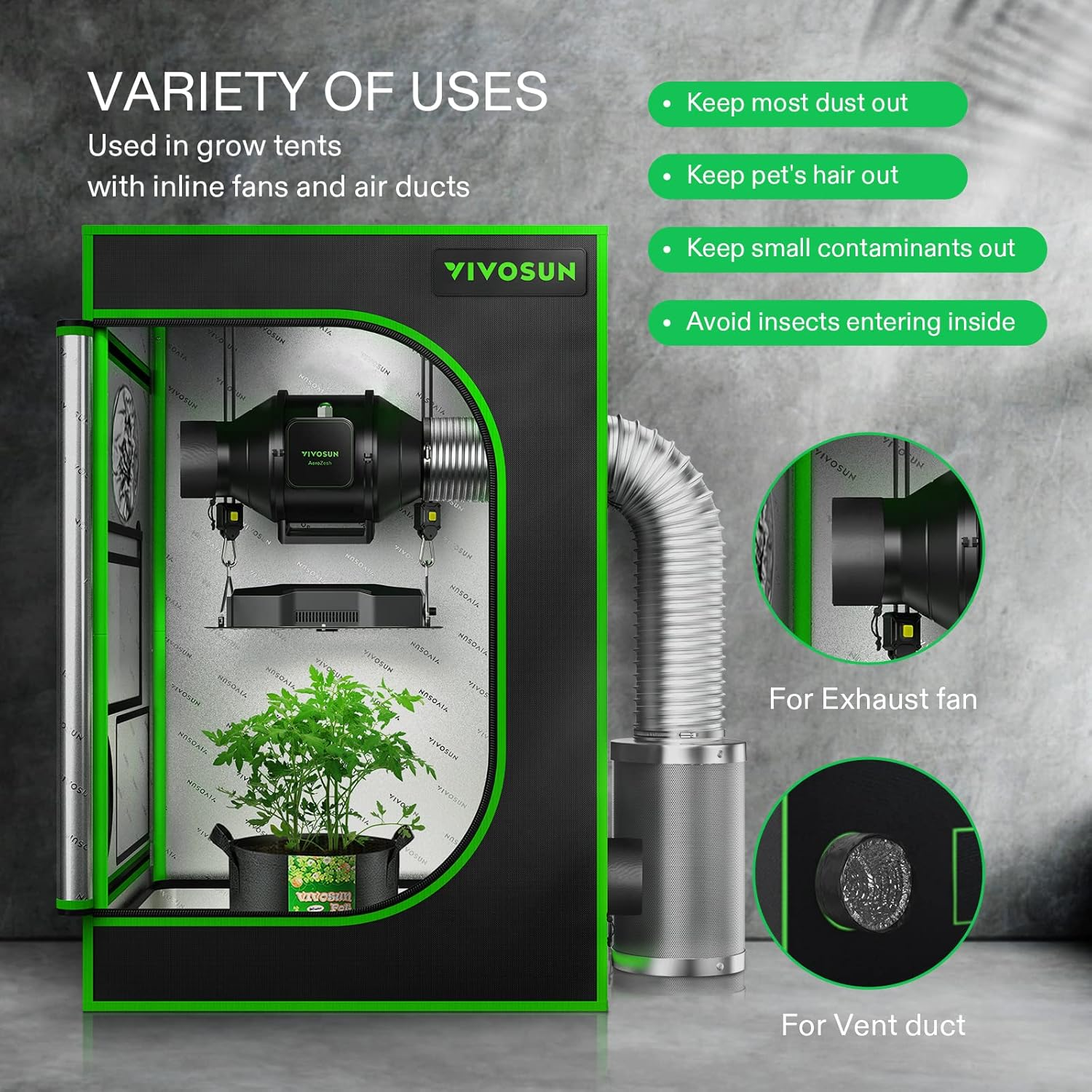 VIVOSUN 2-Pcs. Grow Tent Vent Cover, 4"/6"/8" Duct Filter Vent Cover with Elastic Band and Fixed Buckle for Plant Grow Tent Vent image number 2