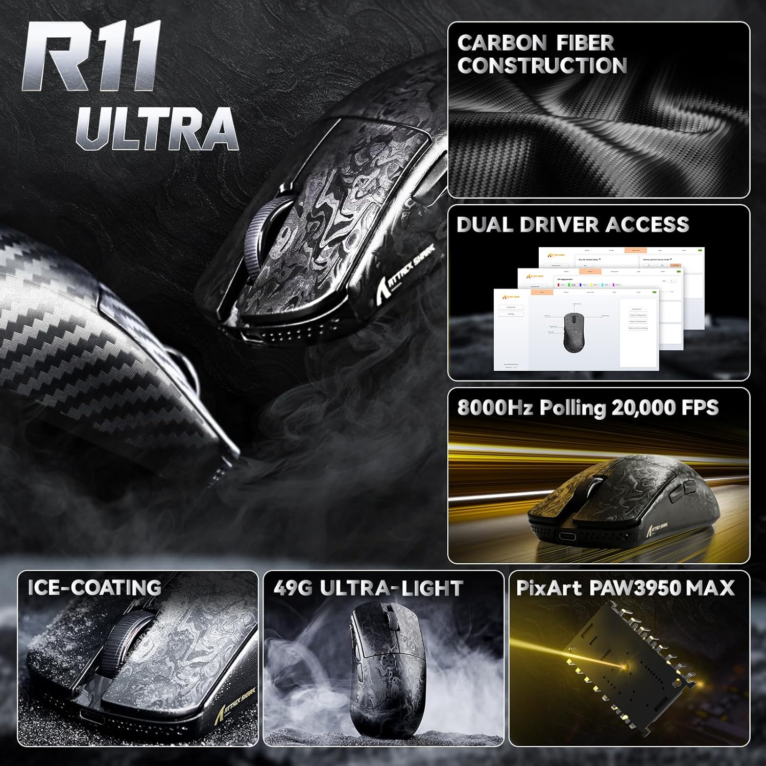 ATTACK SHARK R11 Ultra 8K Carbon Fiber Wireless Gaming Mouse,Paw3950 MAX Sensor,49G Ultra-Lightweight,Nordic 52840 MCU Chip,42000 Dpi,Wired/Bt/2.4Ghz Wirelss Programmable Mouse for Pc/Mac(Ink) image number 1