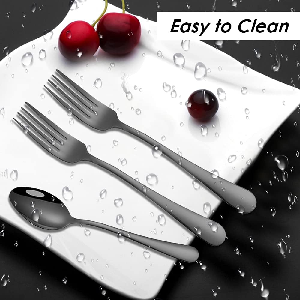Set of 12, Black Plated Stainless Steel Dinner Forks and Spoons, Findtop Heavy-Duty Forks (8 Inch) and Spoons (7 Inch) Cutlery Set- Black