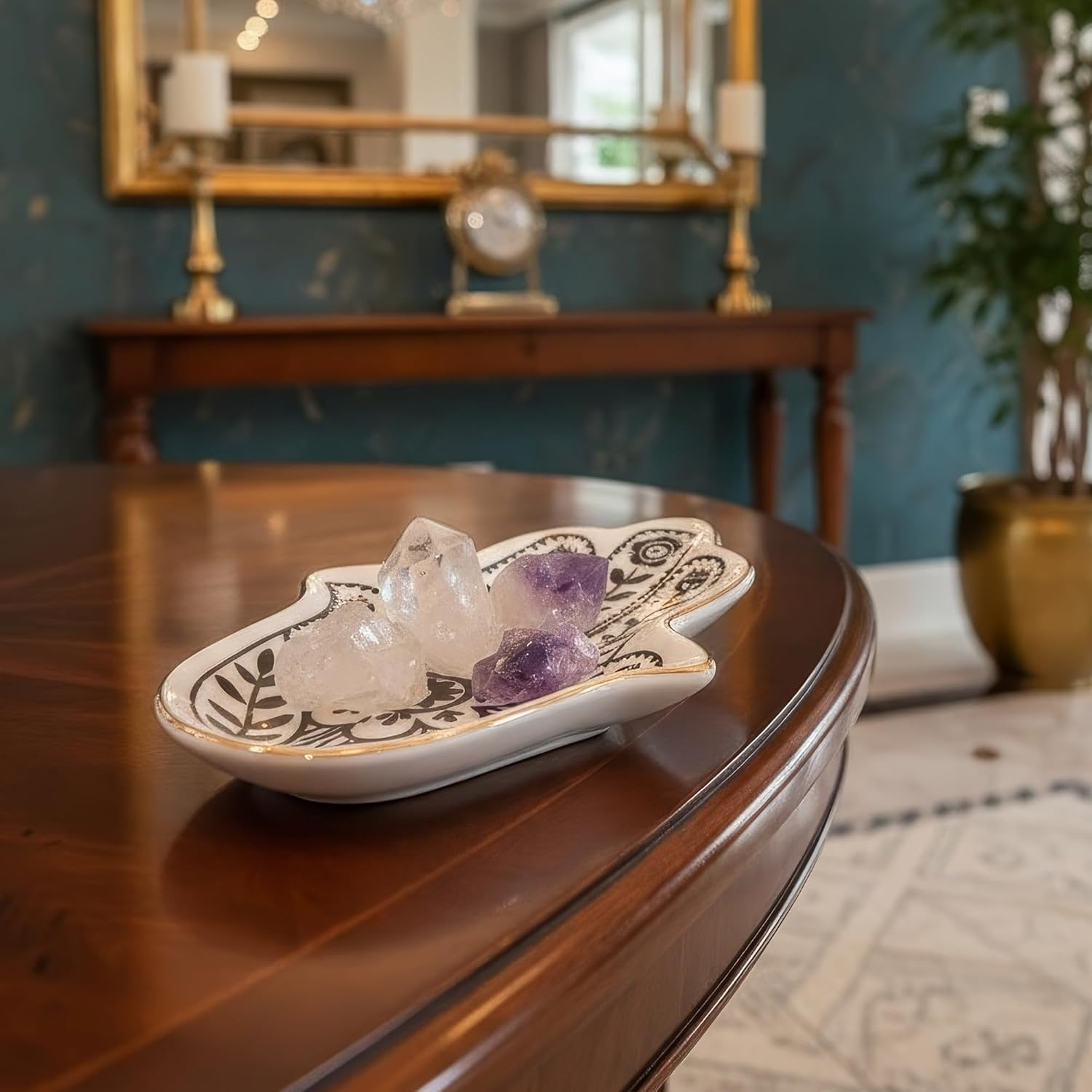 Hamsa Hand Ceramic Jewelry Tray - Home Decor Gold Trim Ring Dish & Small Item Organizer for Desk Vanity, Feng Shui Ornaments. image number 4