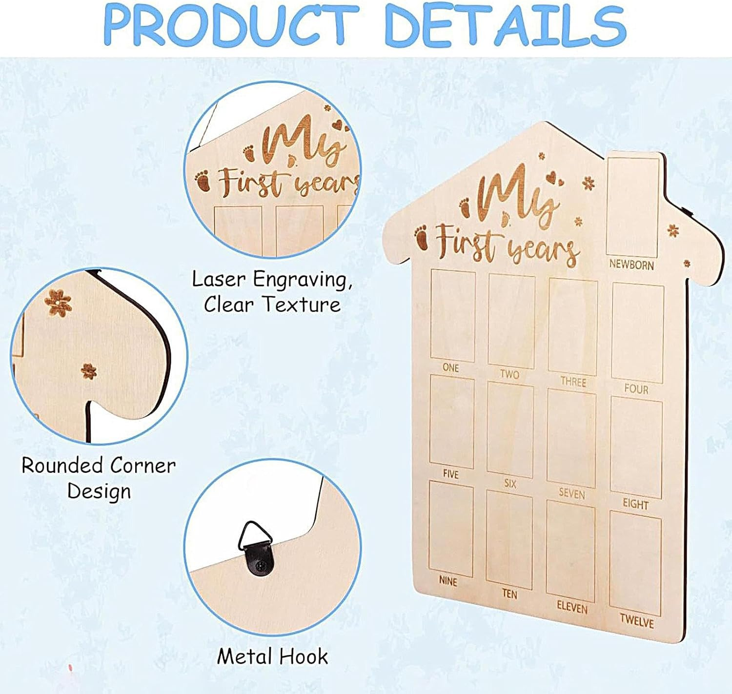 Newborn Frames - Wooden Monthly Garland First Birthday Timeline | Decorative Memory Banner with Clips for Baby Photo Showcase, Room Ornament, Mo image number 6