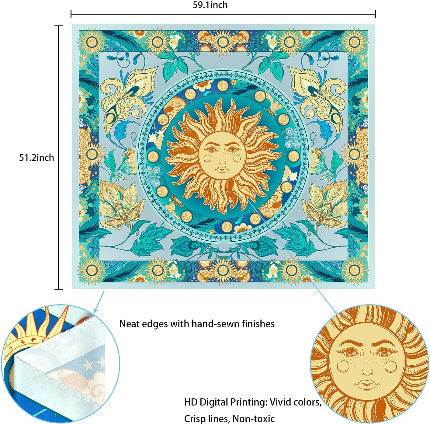 Lyacmy Burning Sun Tapestry with Flower Vines - Vintage Floral Mystic Hippie Wall Hanging for Room (Pale Cerulean, 51.2 X 59.1 Inches) image number 2