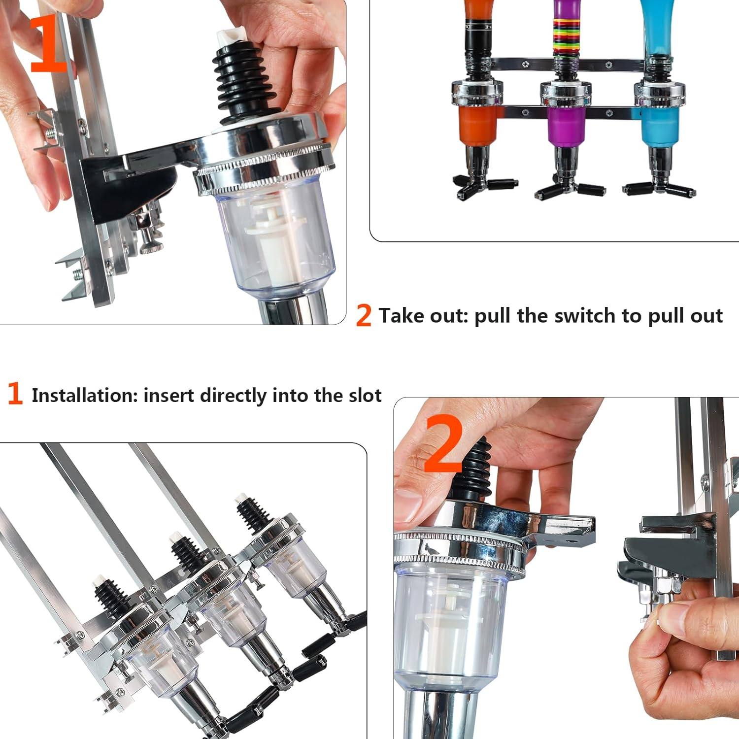 3 Bottle Wall Mounted Liquor Dispenser Bar Butler Bracket Solo Optic Spirit Wine Beer Alcohol Bottle Beverage Stand Revolving Nozzle Drinkware Set - Silver image number 6